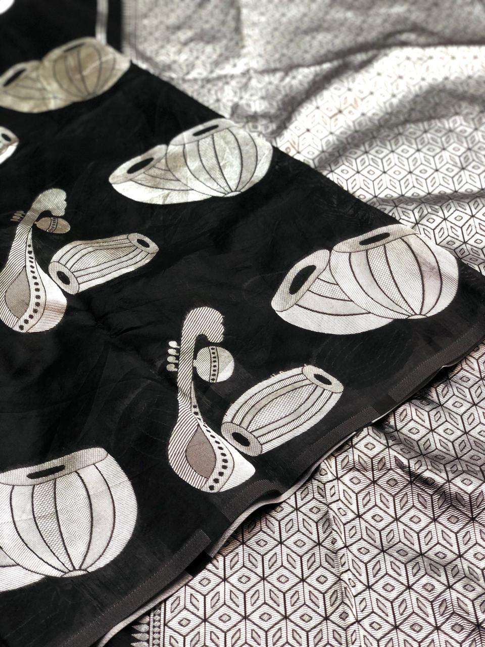 Enchanting Black Cotton Silk Saree With Lovely Blouse Piece