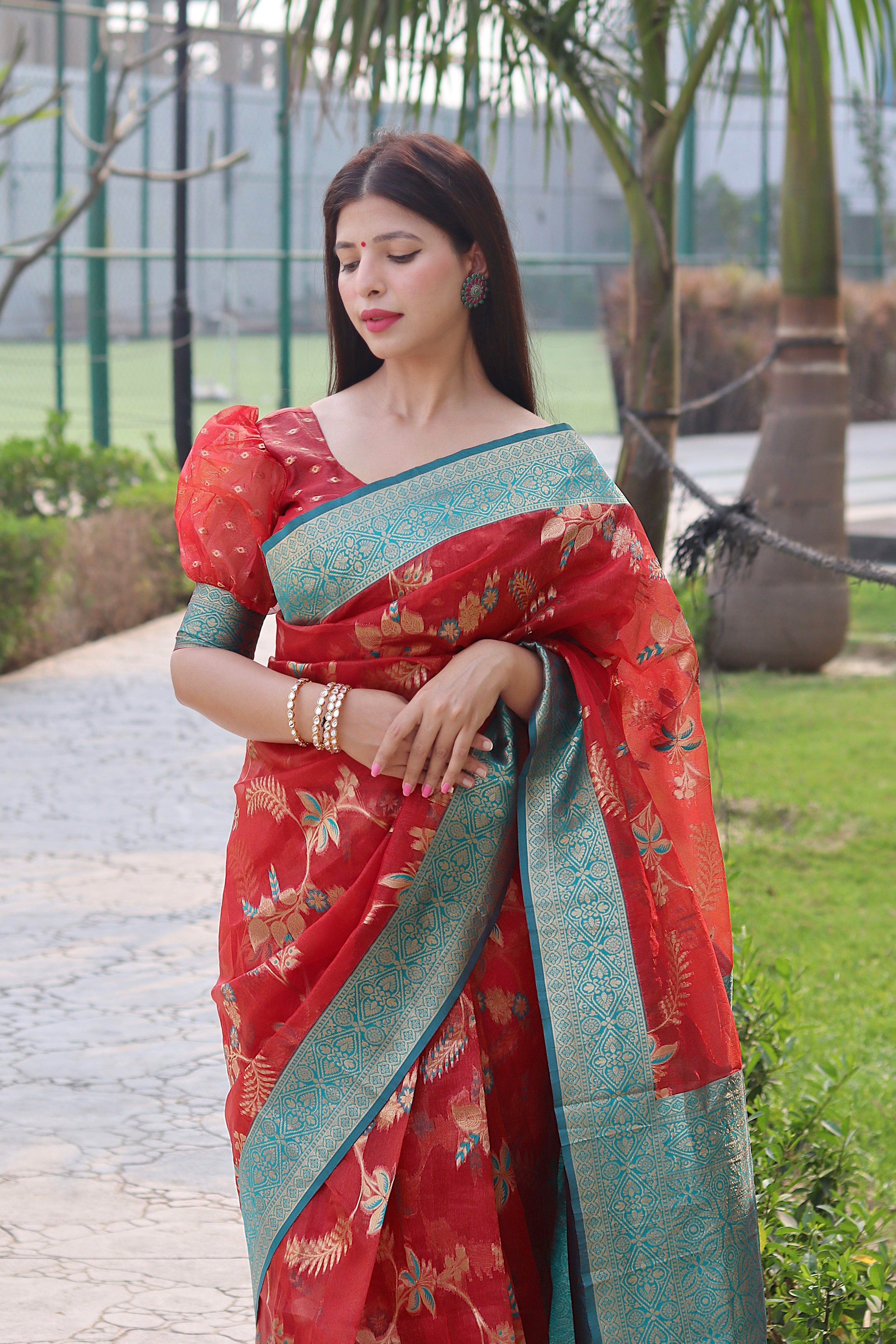 Angelic Red Organza Silk Saree With Velvety Blouse Piece
