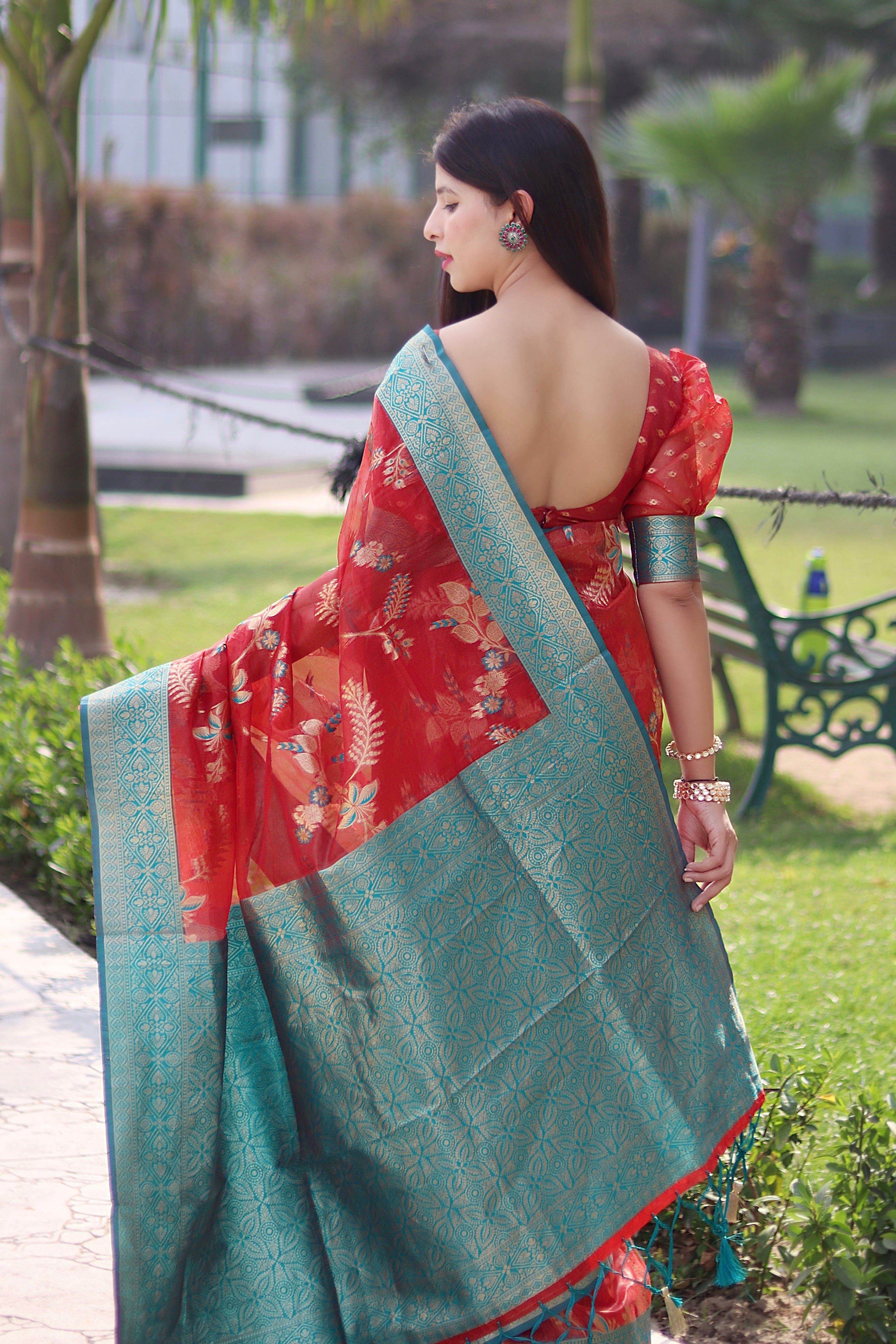 Angelic Red Organza Silk Saree With Velvety Blouse Piece