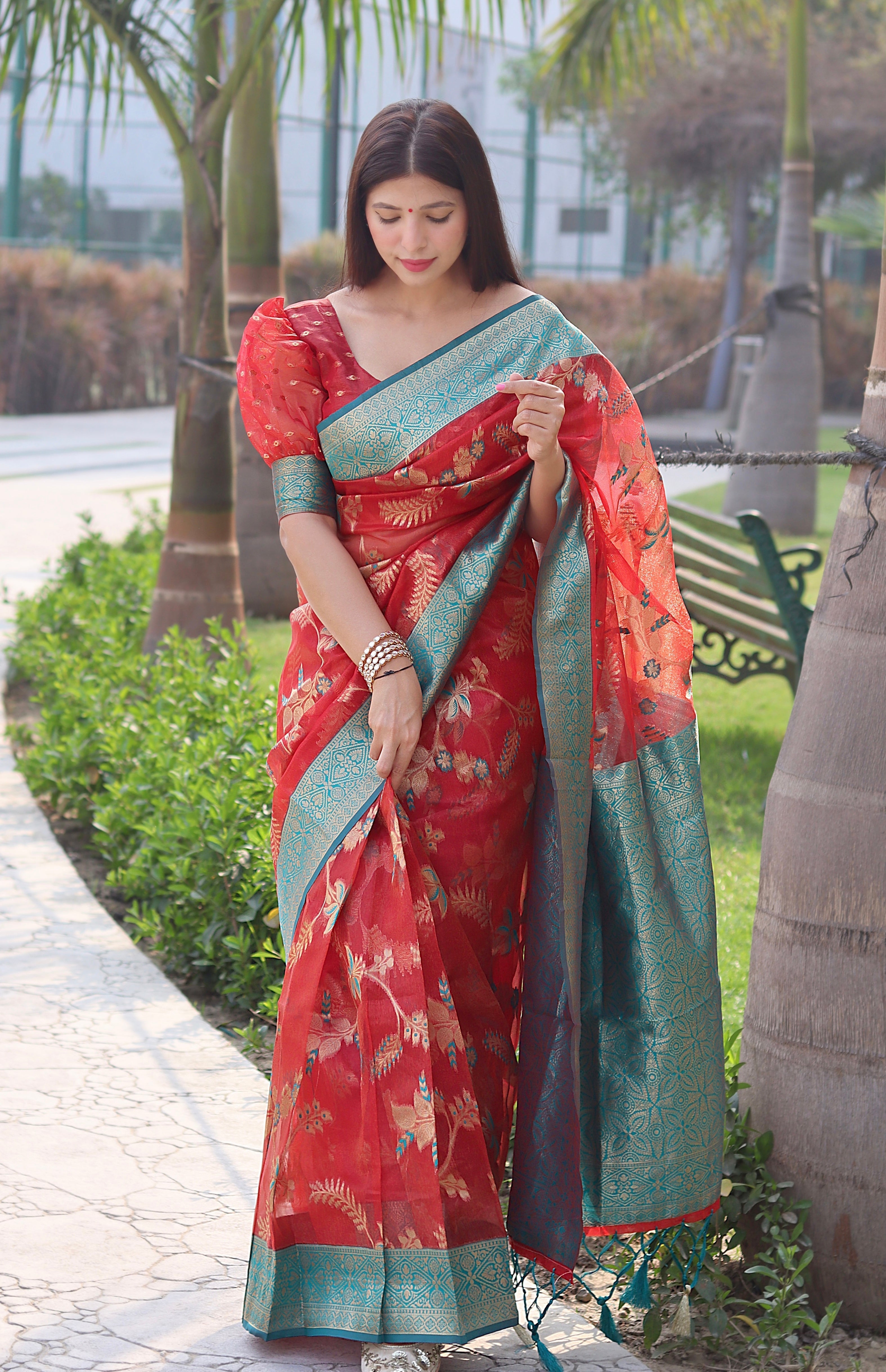 Angelic Red Organza Silk Saree With Velvety Blouse Piece