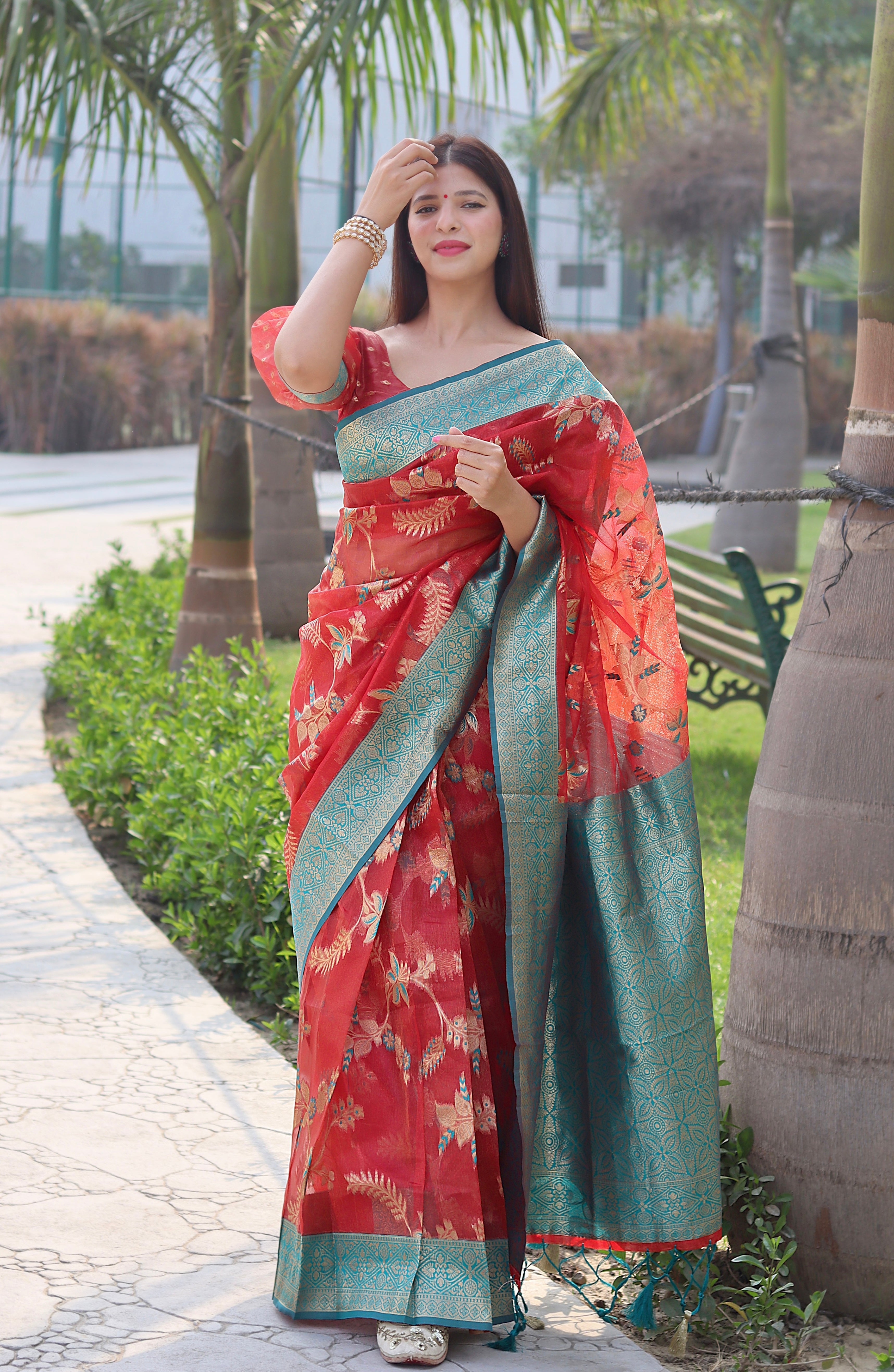 Angelic Red Organza Silk Saree With Velvety Blouse Piece
