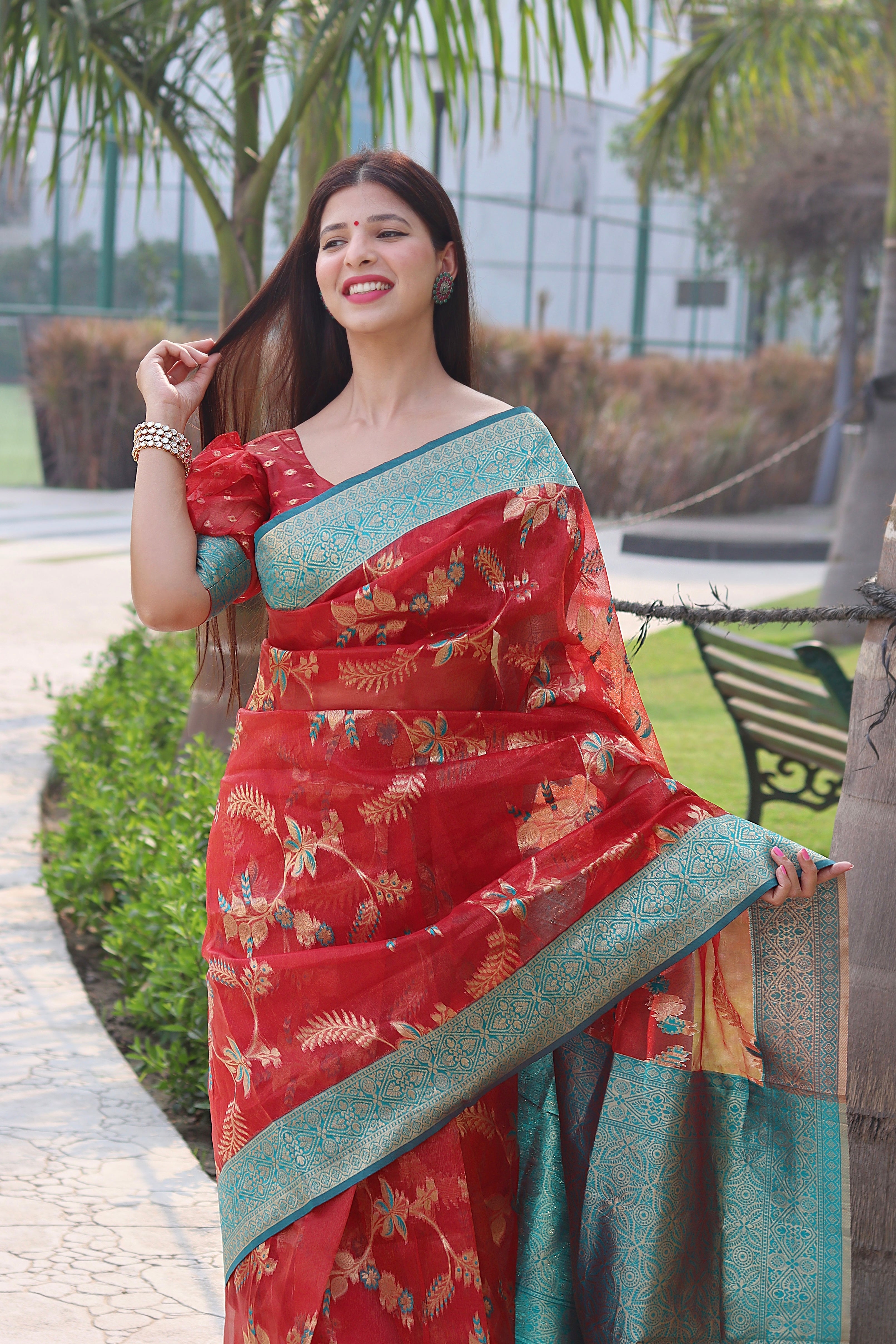 Angelic Red Organza Silk Saree With Velvety Blouse Piece