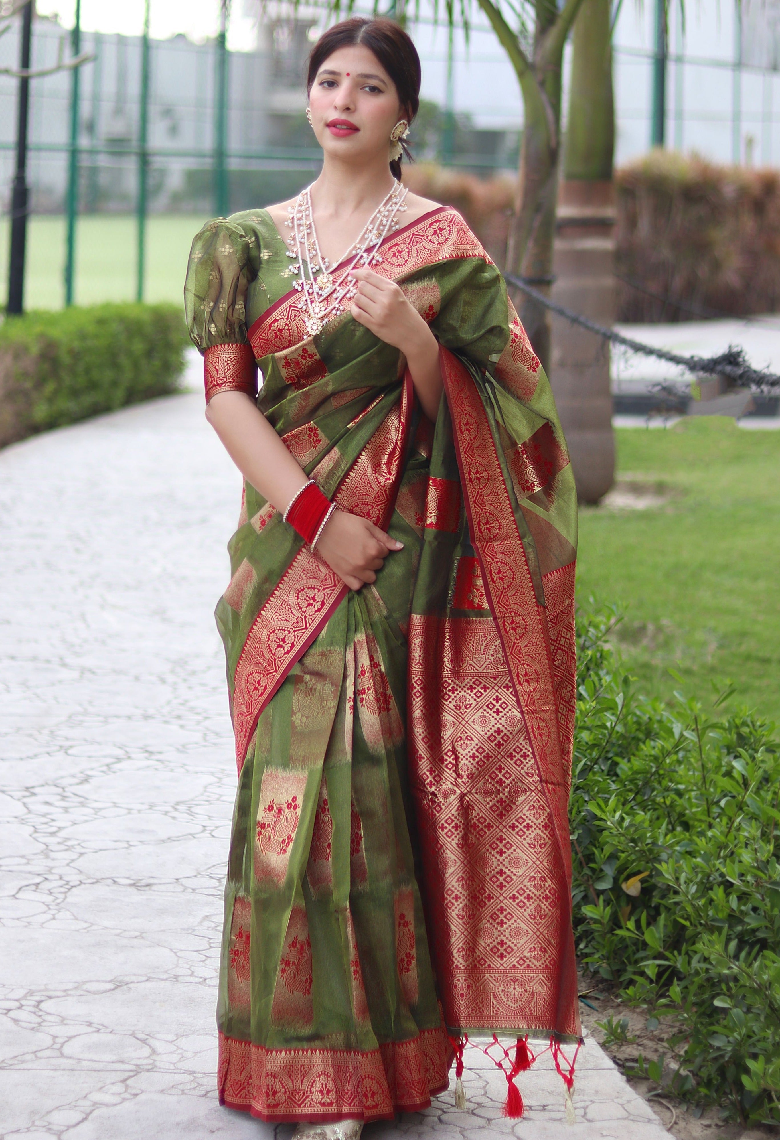 Satisfying Green Organza Silk Saree With Transcendent Blouse Piece