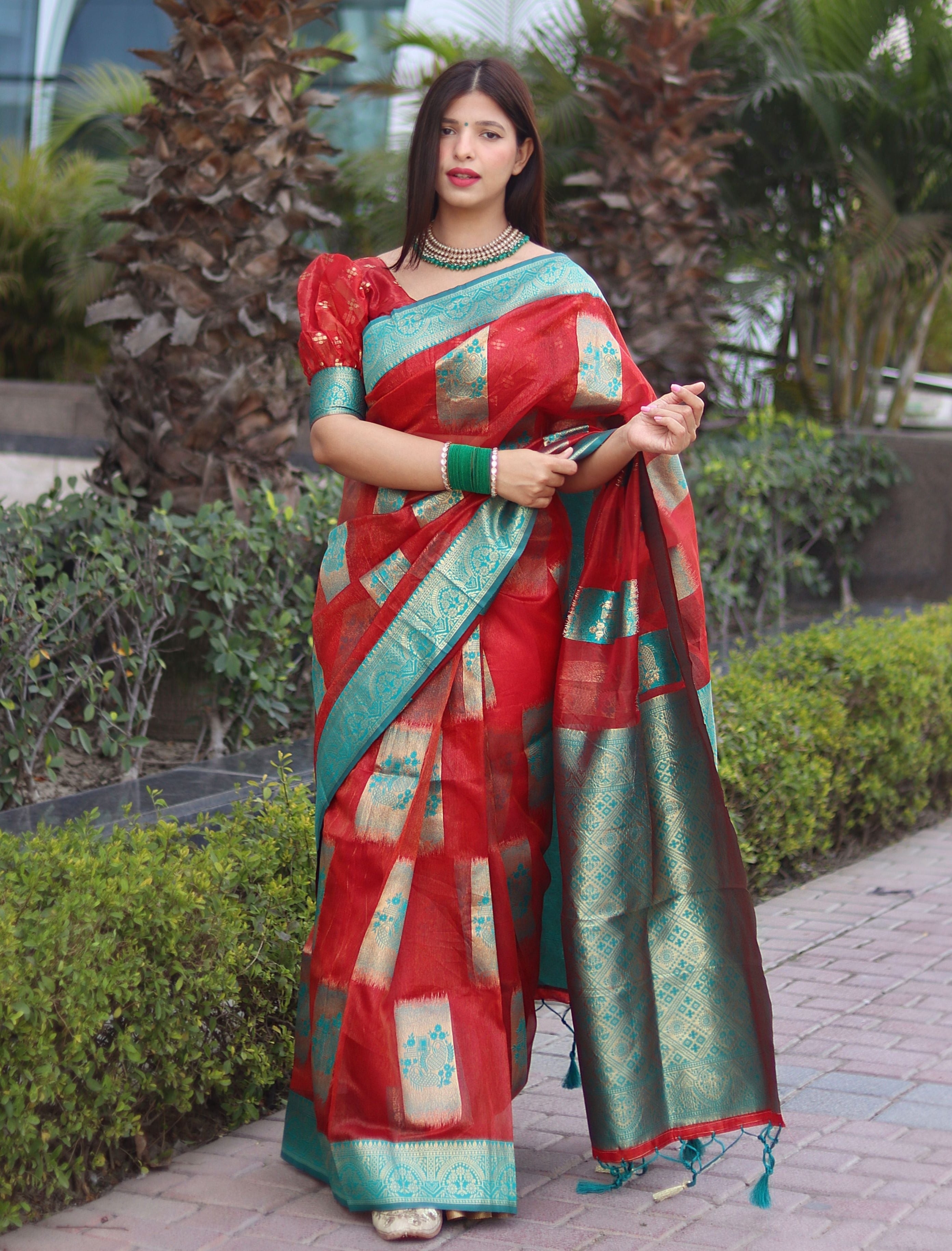 Angelic Red Organza Silk Saree With Lyrical Blouse Piece