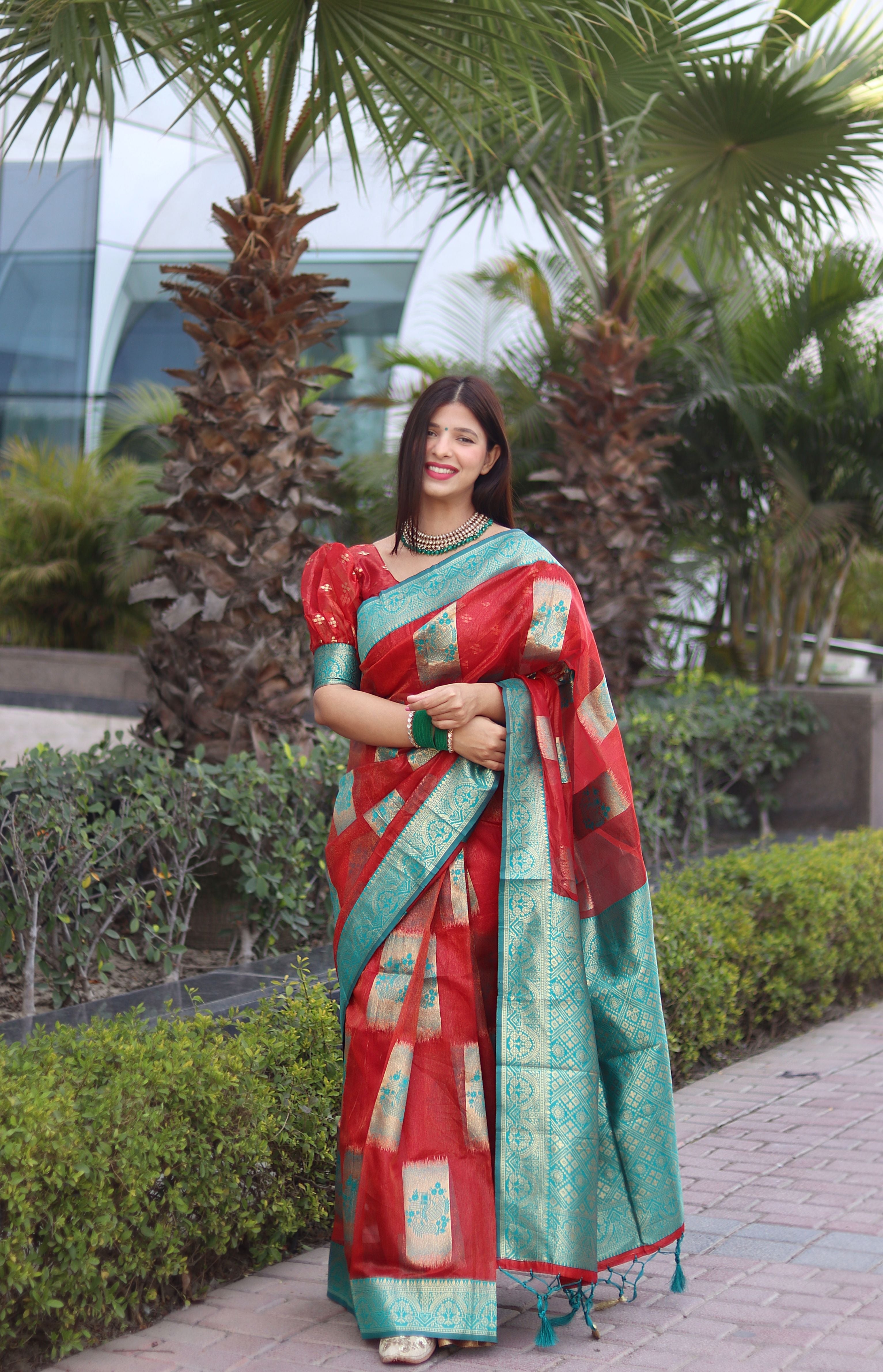 Angelic Red Organza Silk Saree With Lyrical Blouse Piece