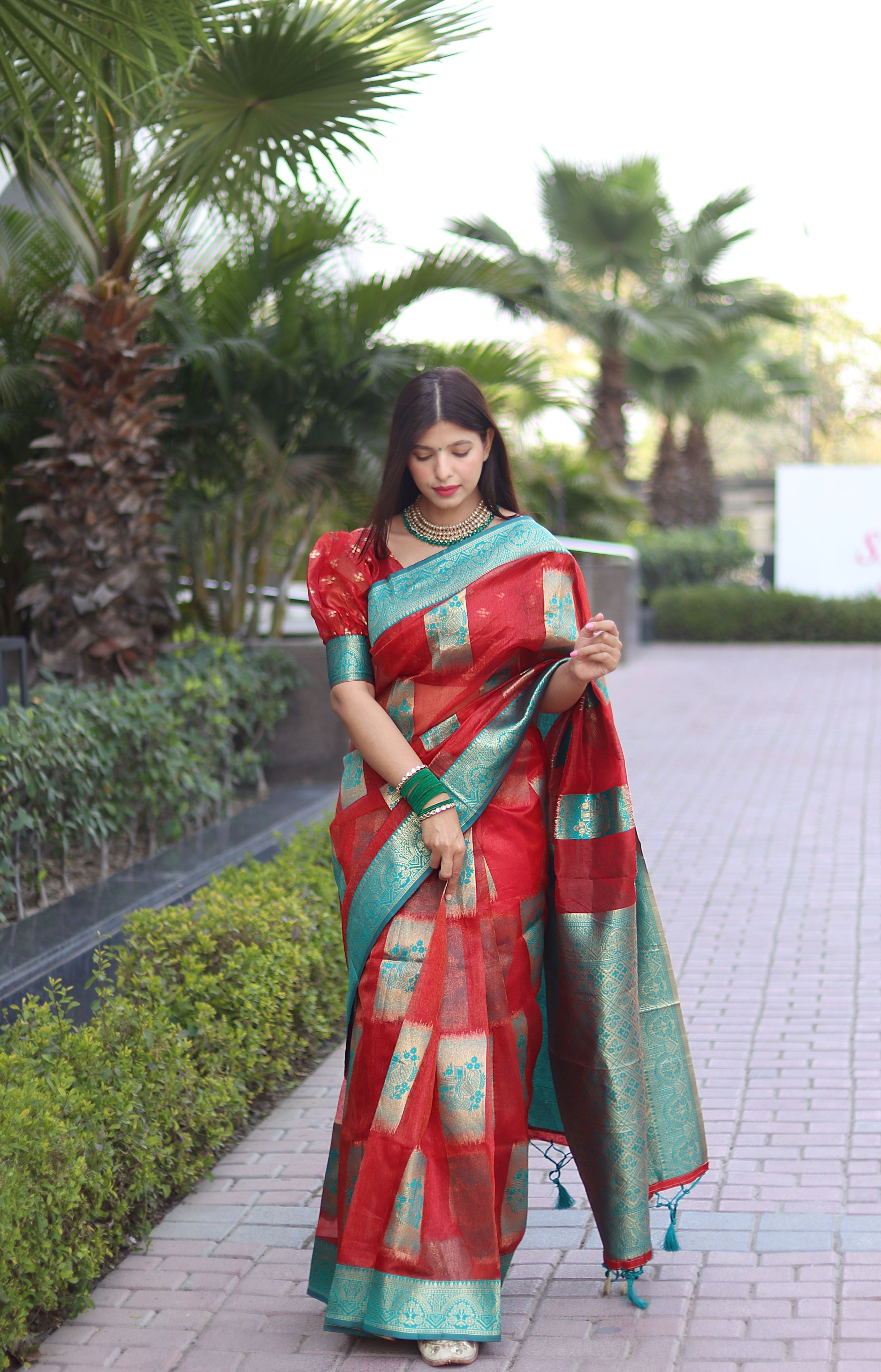 Angelic Red Organza Silk Saree With Lyrical Blouse Piece