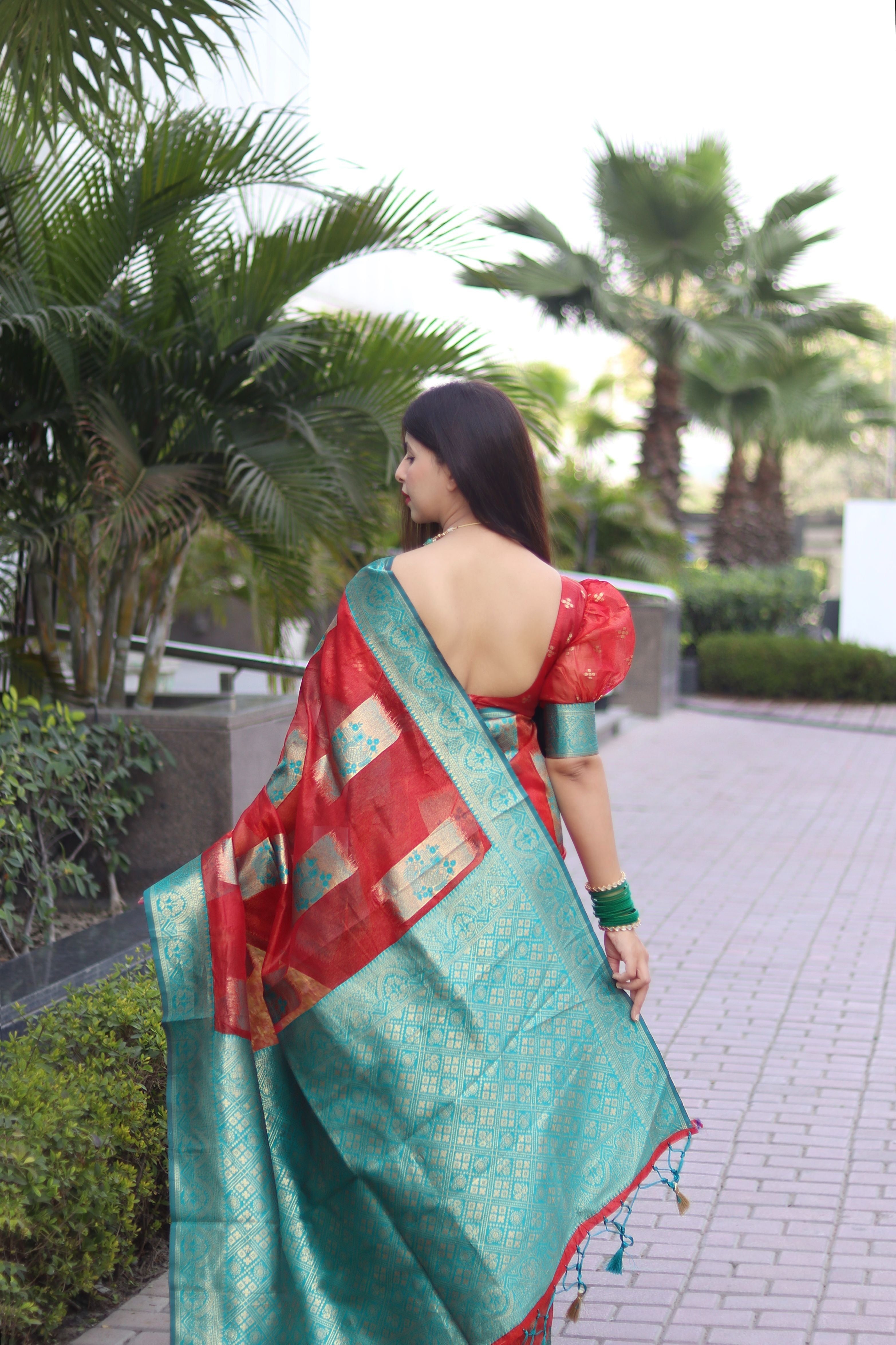 Angelic Red Organza Silk Saree With Lyrical Blouse Piece