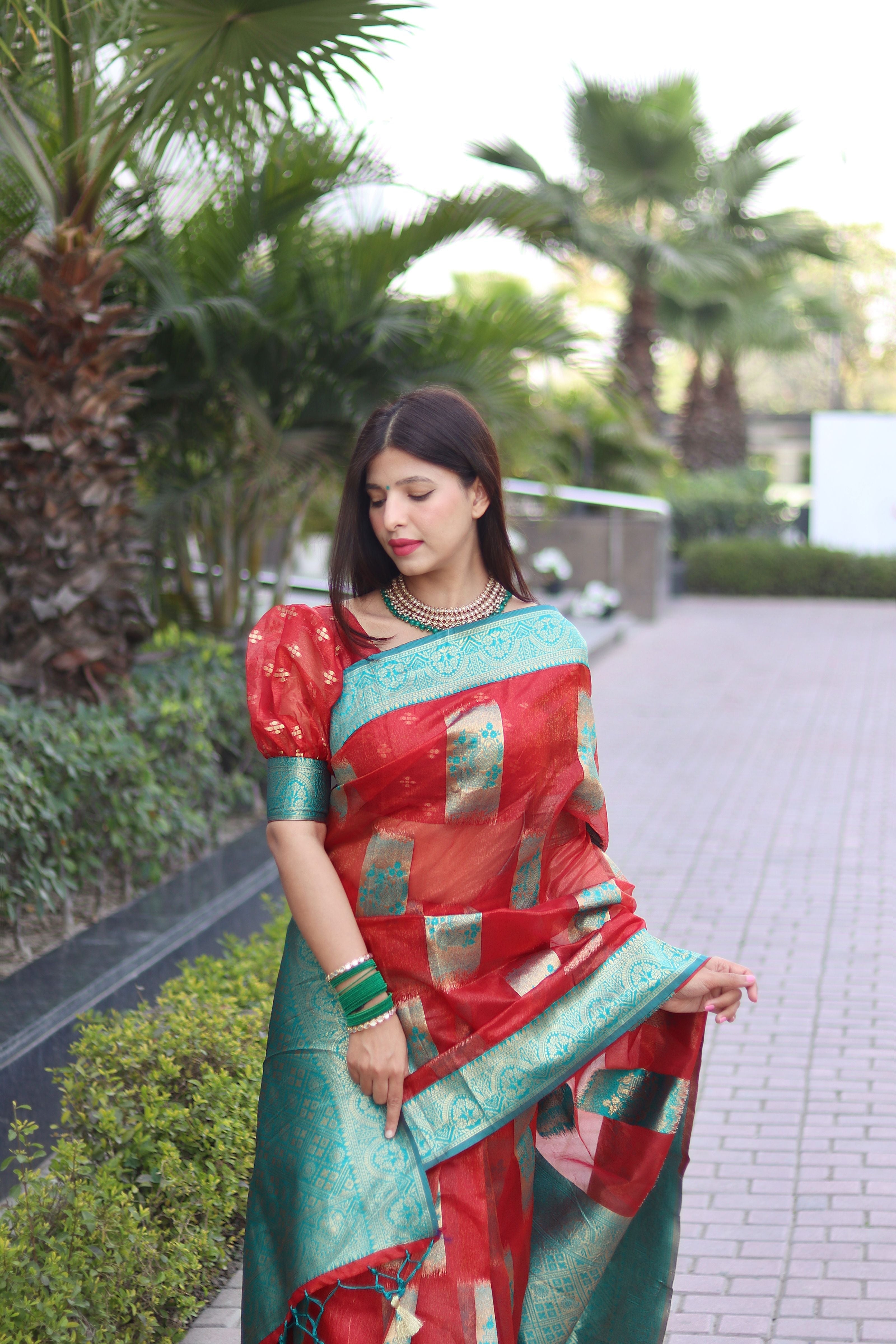 Angelic Red Organza Silk Saree With Lyrical Blouse Piece