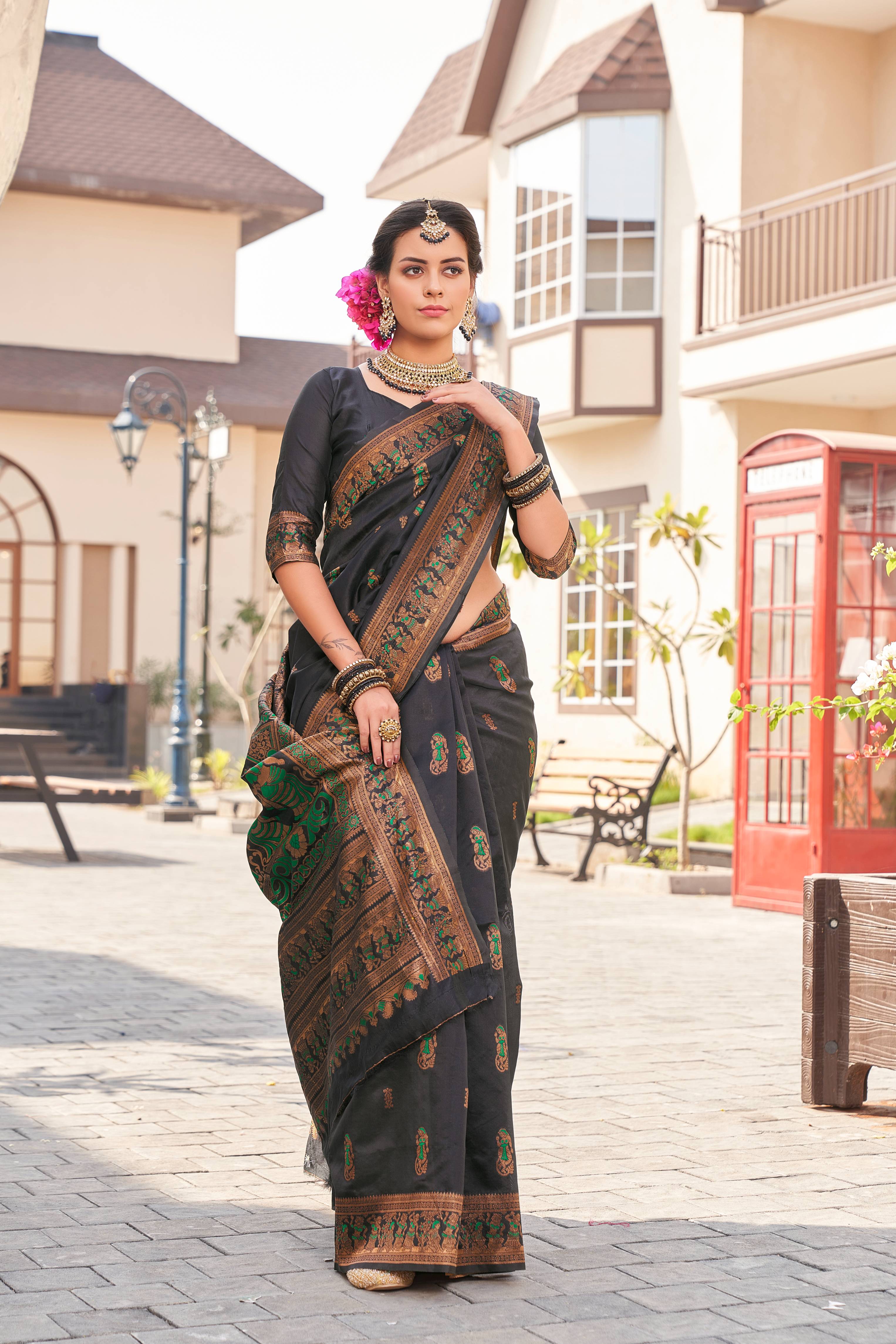 Dalliance Black Soft Silk Saree With Chatoyant Blouse Piece