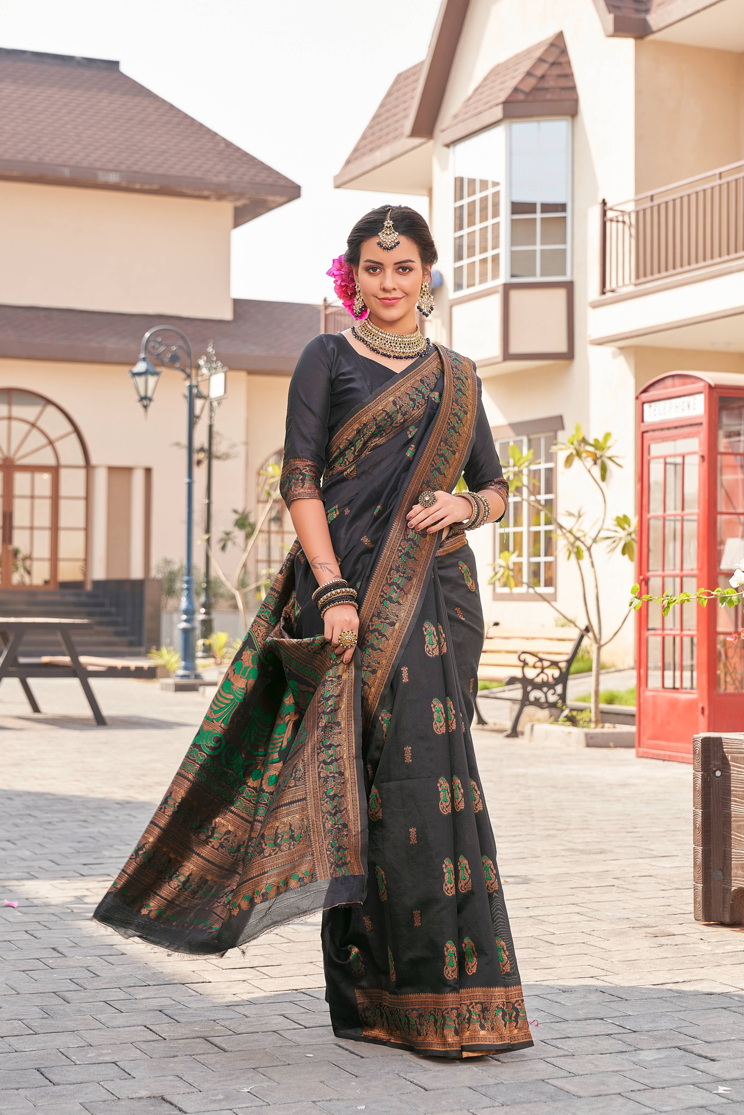 Dalliance Black Soft Silk Saree With Chatoyant Blouse Piece