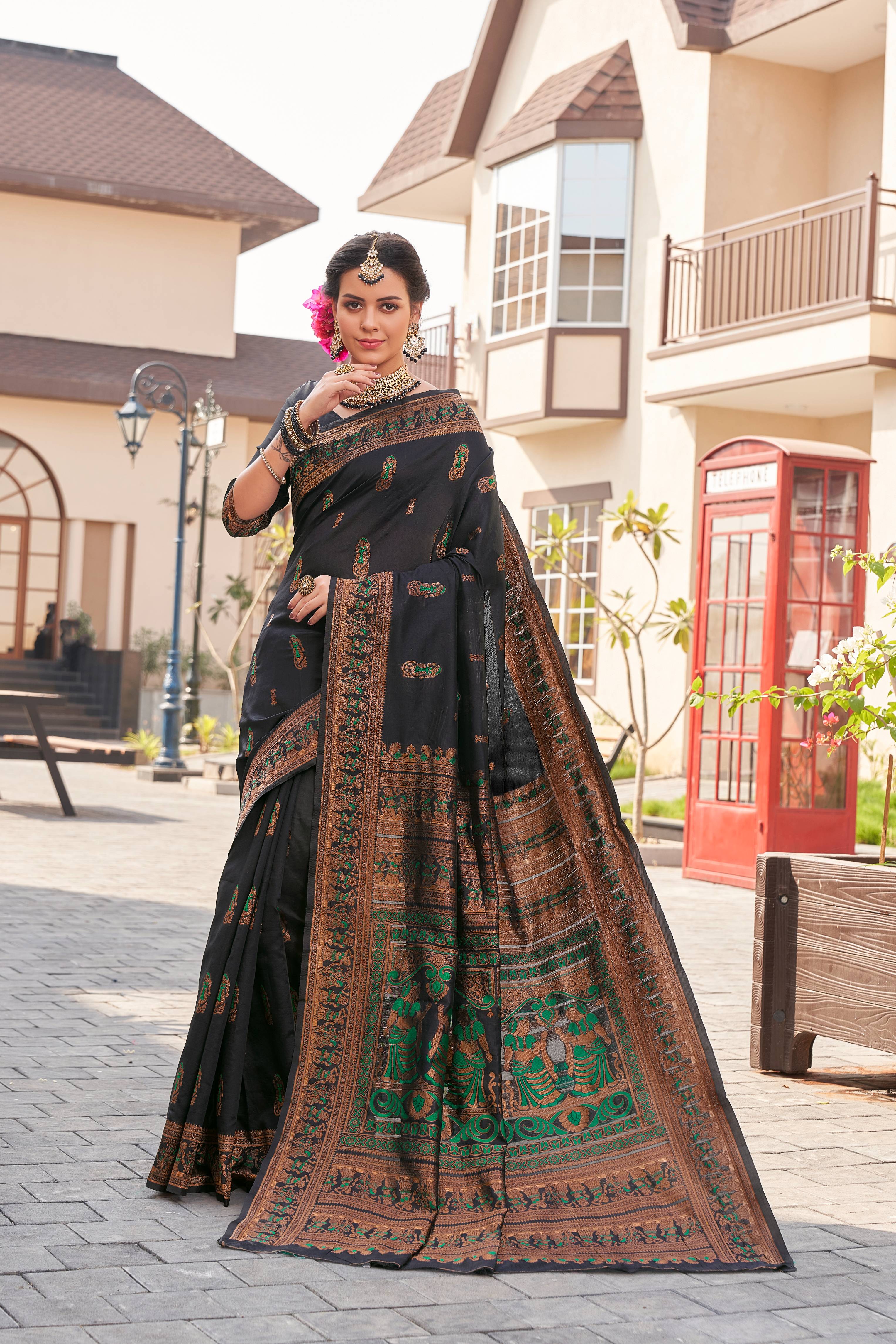 Dalliance Black Soft Silk Saree With Chatoyant Blouse Piece