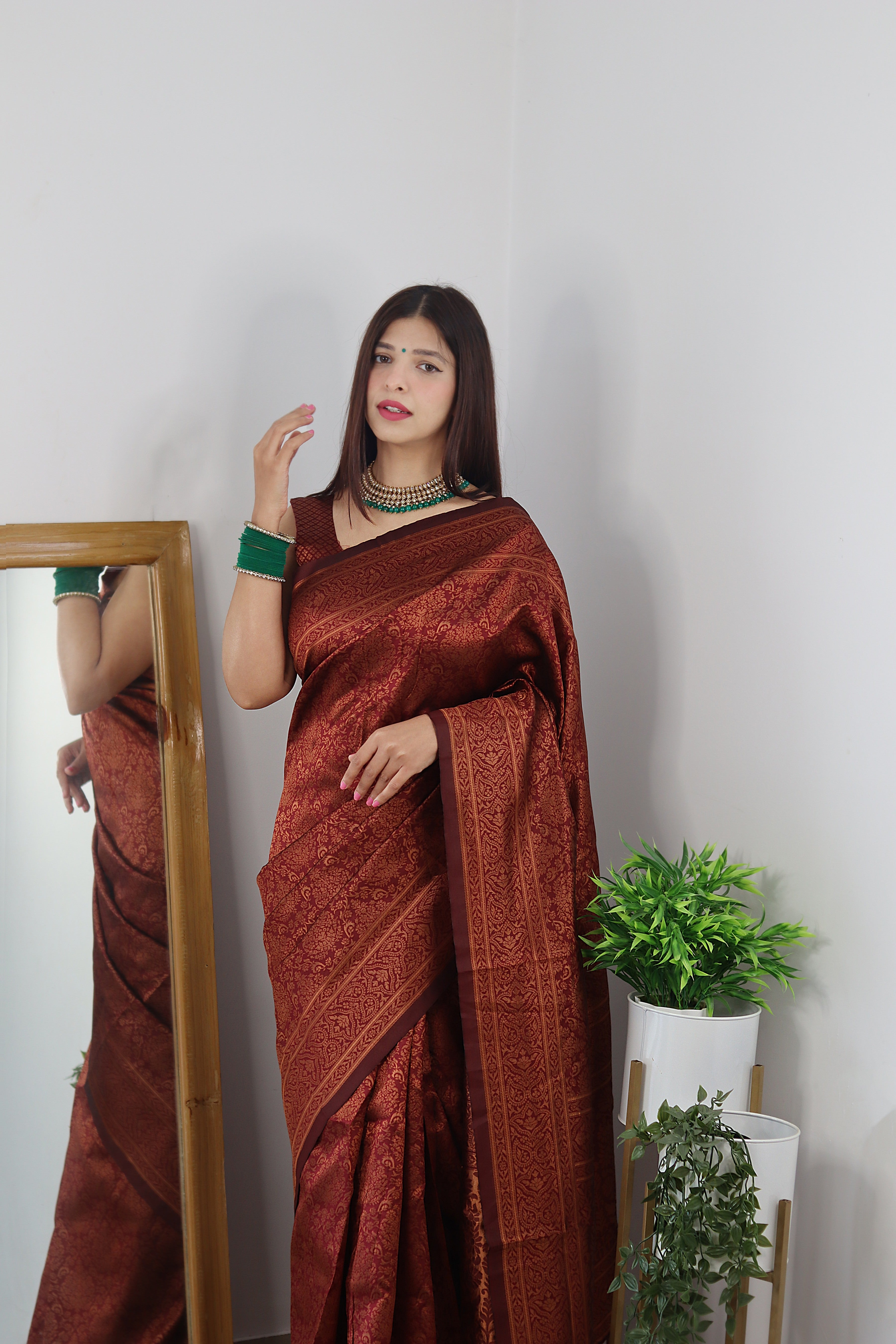 Symmetrical Maroon Soft Silk Saree With Panoply Blouse Piece