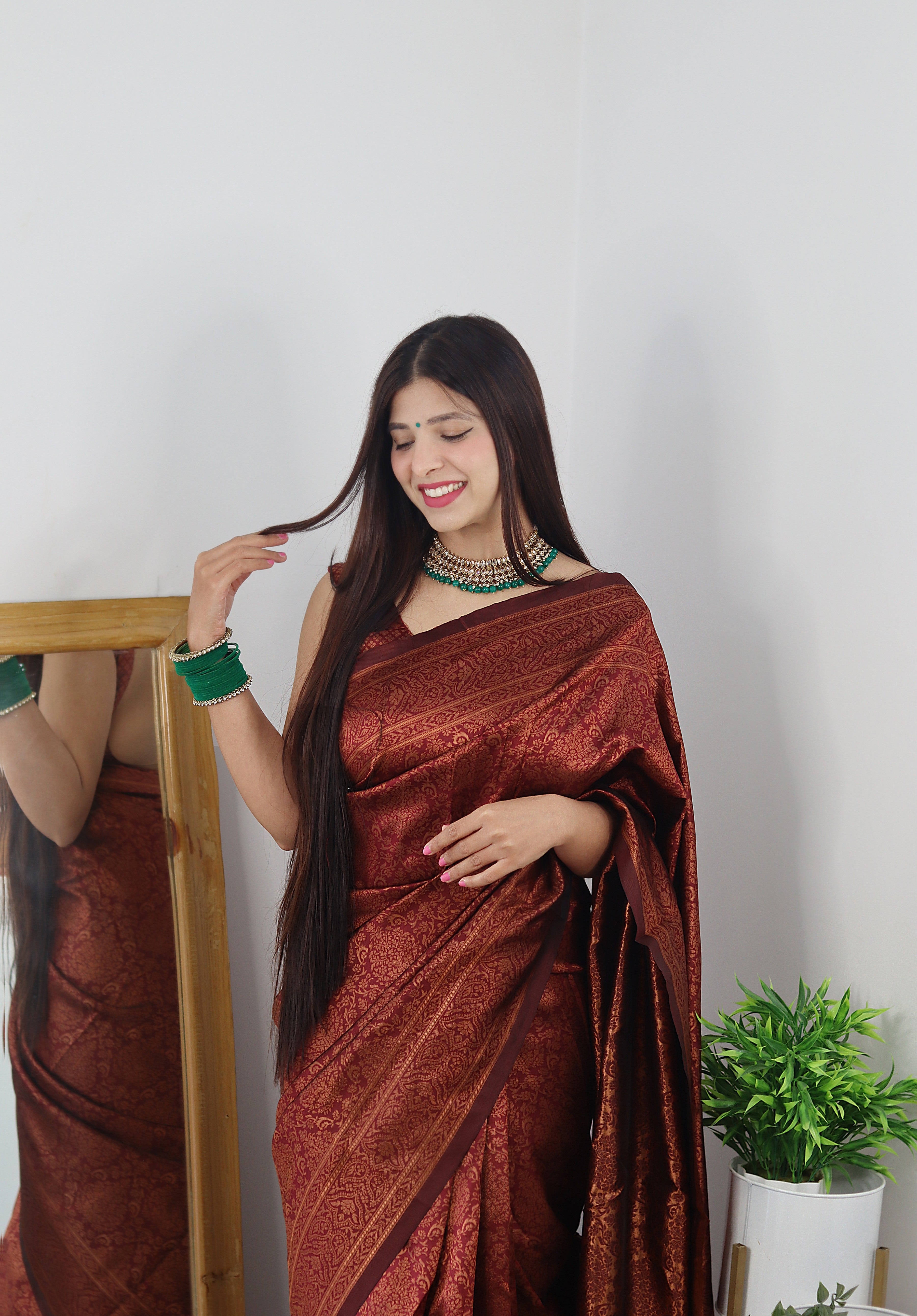 Symmetrical Maroon Soft Silk Saree With Panoply Blouse Piece