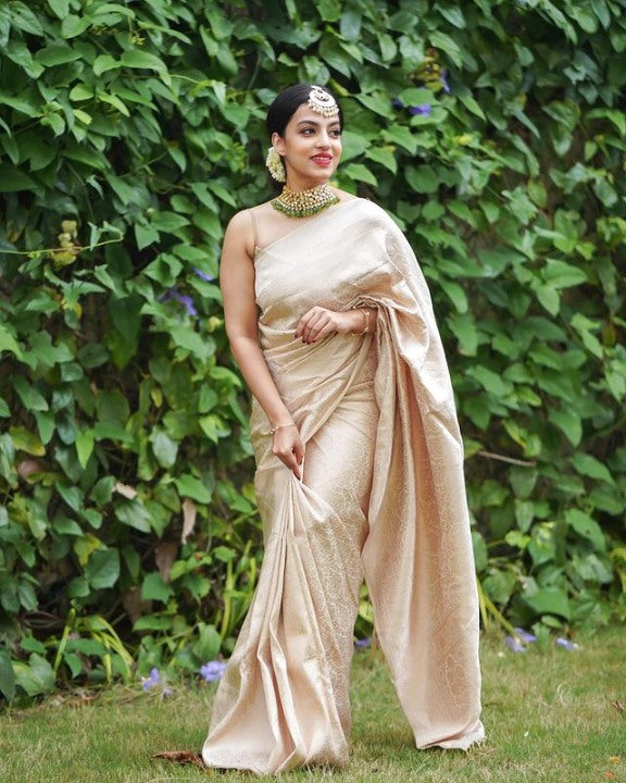 Sophisticated Beige Soft Silk Saree With Artistic Blouse Piece