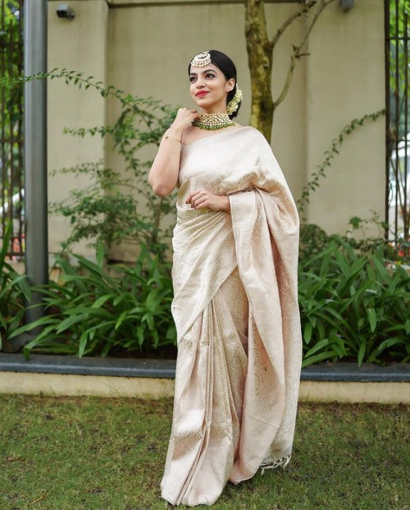 Sophisticated Beige Soft Silk Saree With Artistic Blouse Piece
