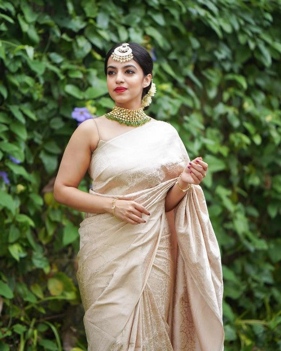 Sophisticated Beige Soft Silk Saree With Artistic Blouse Piece