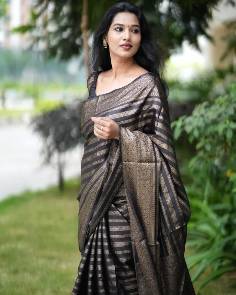 Jazzy Black Soft Silk Saree With Desiring Blouse Piece