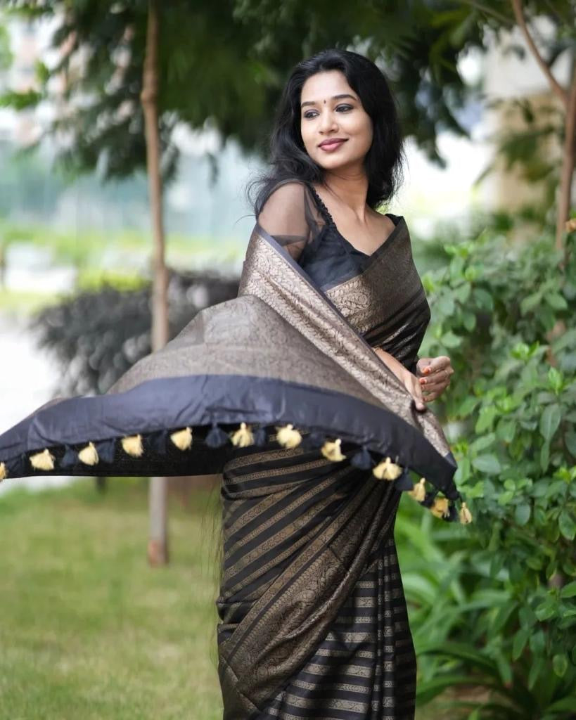 Jazzy Black Soft Silk Saree With Desiring Blouse Piece