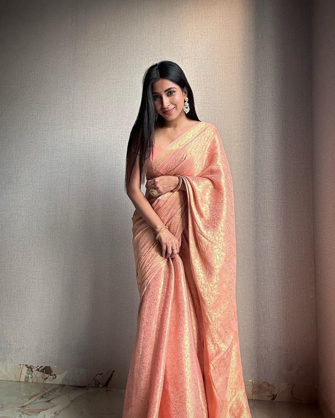 Capricious Peach Soft Silk Saree With Gorgeous Blouse Piece