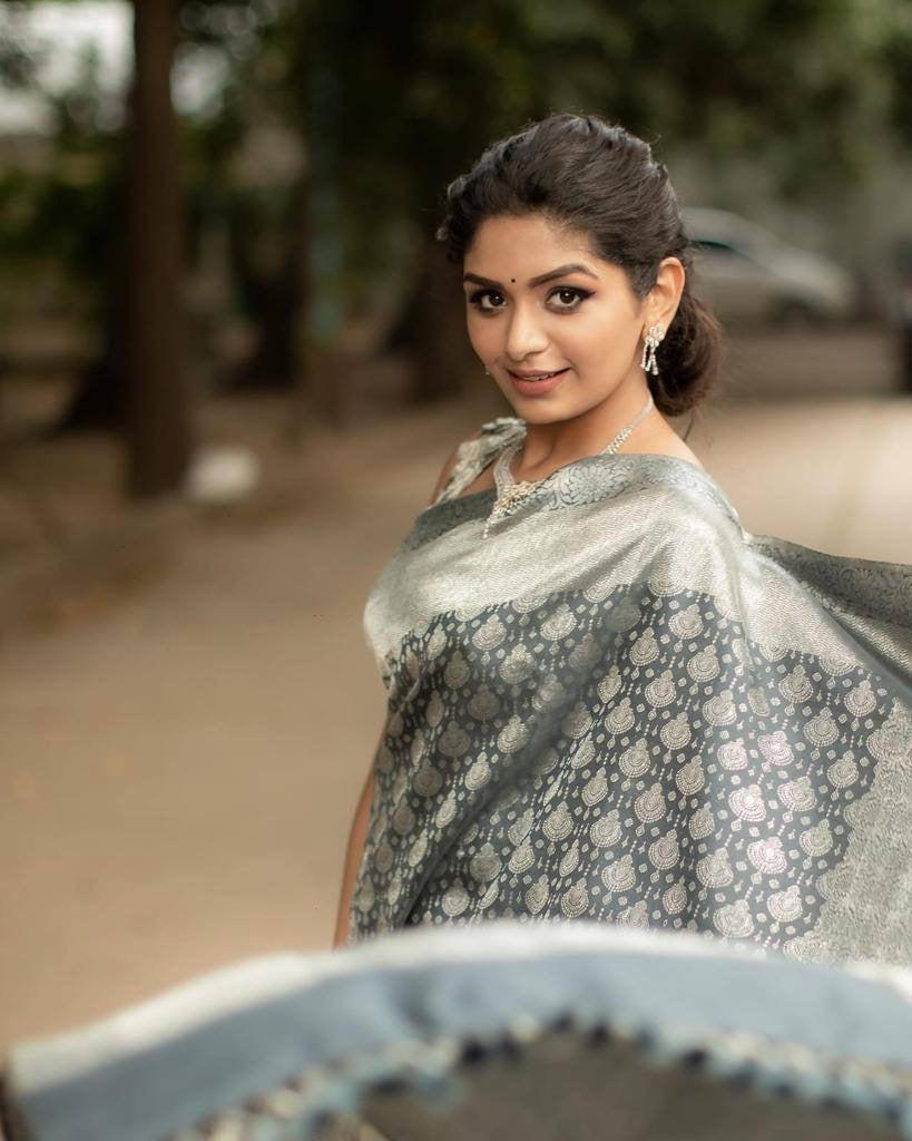 Gorgeous Grey Soft Silk Saree With Alluring Blouse Piece