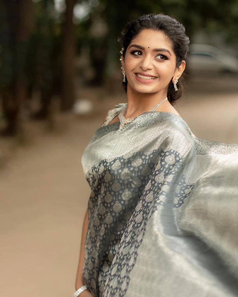 Gorgeous Grey Soft Silk Saree With Alluring Blouse Piece