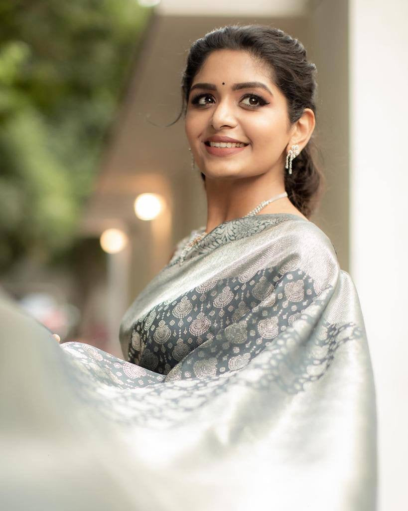 Gorgeous Grey Soft Silk Saree With Alluring Blouse Piece