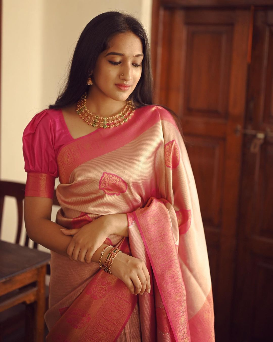 Blissful Peach Soft Silk Saree With Fancifull Blouse Piece