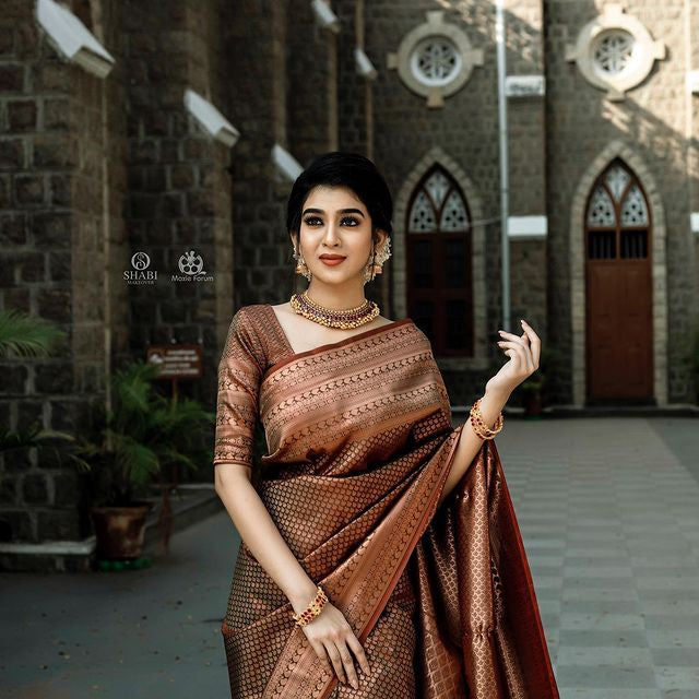 Susurrous Brown Soft Silk Saree With Ethnic Blouse Piece