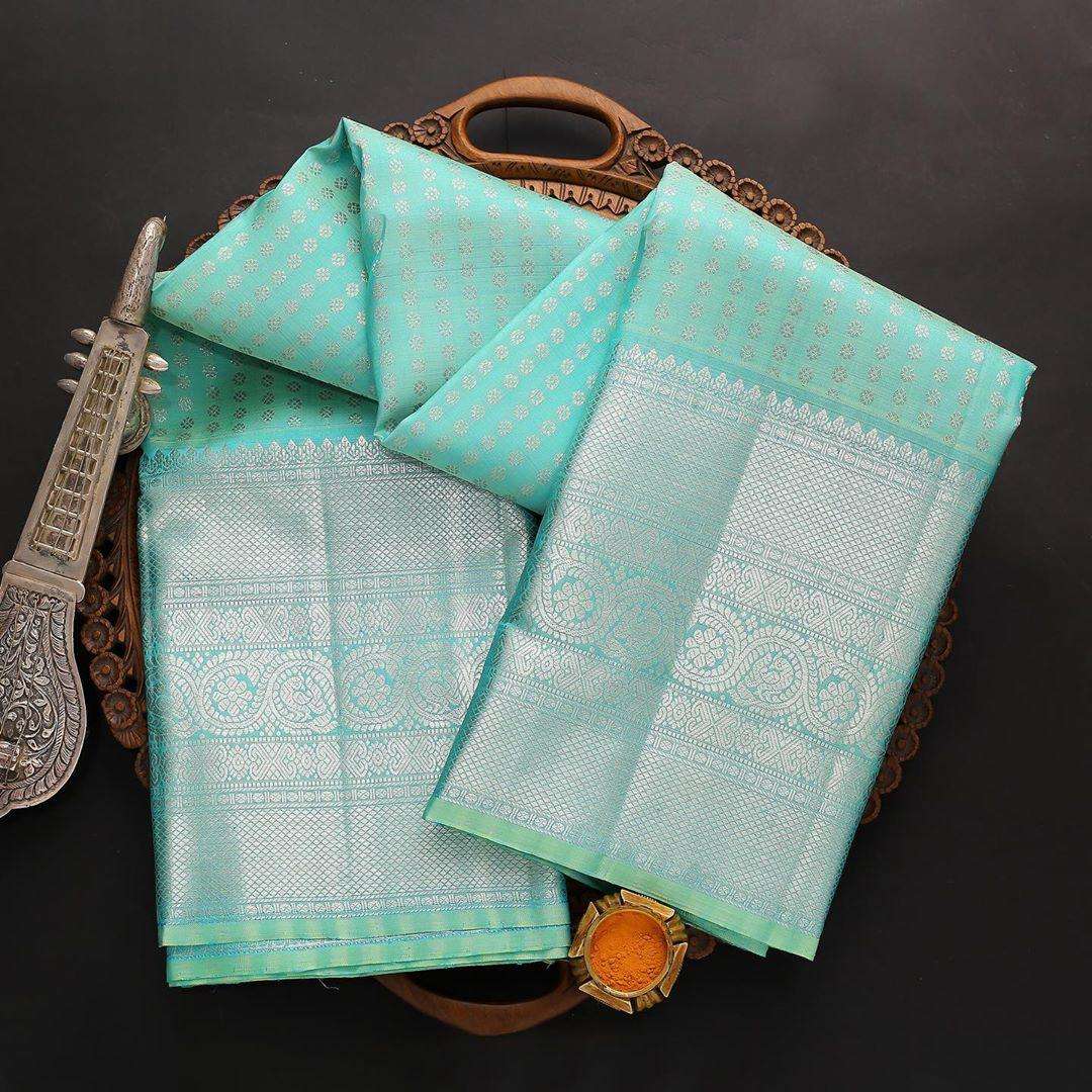 Elegant Firozi Soft Silk Saree with Jacquard Work and Unstitched Blouse by amarvastra saree