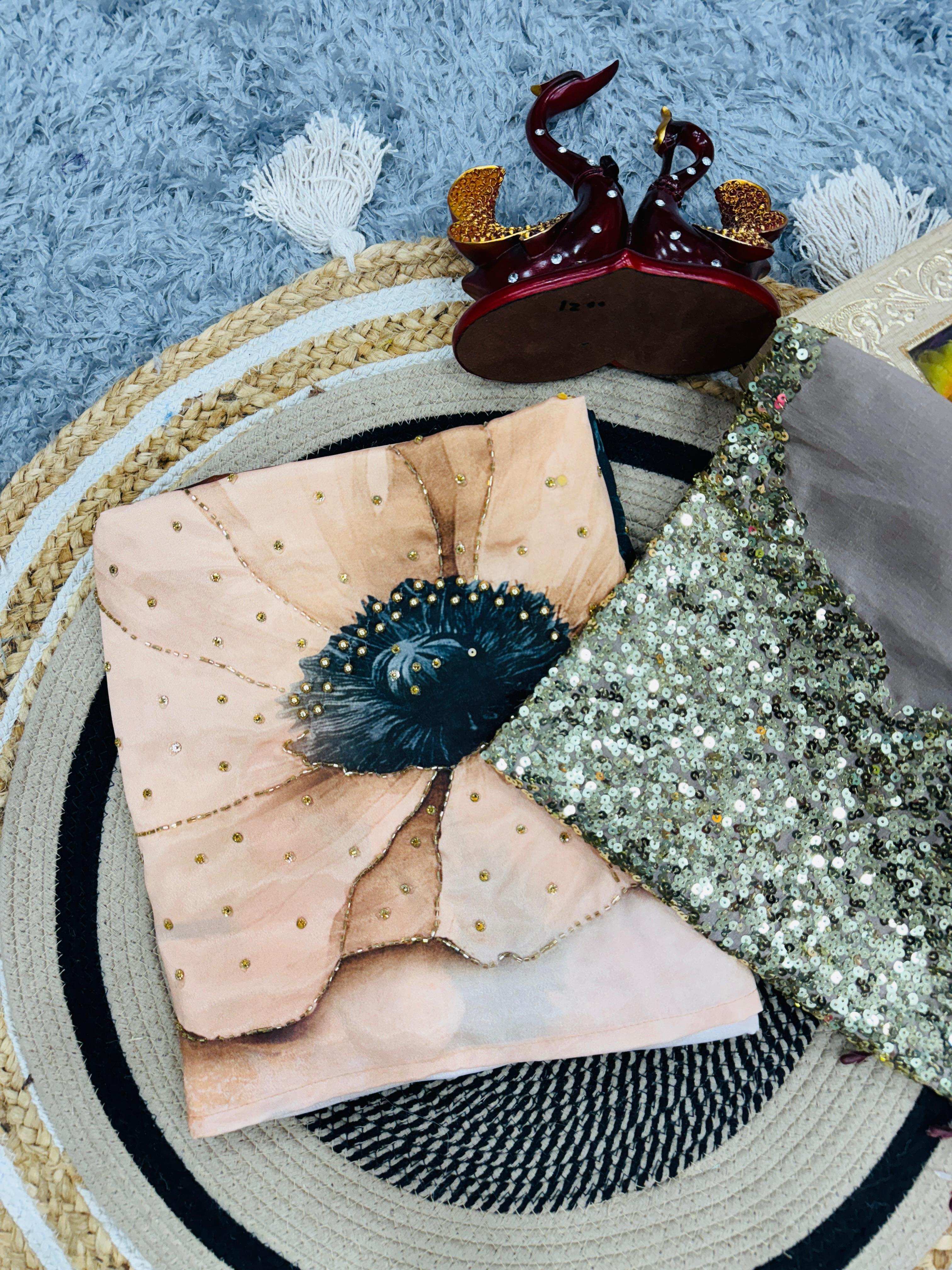 "Exclusive floral print satin crepe saree with katdana and pearl handwork – Design NC-5458 by Nice Creation at amarvastra.com"