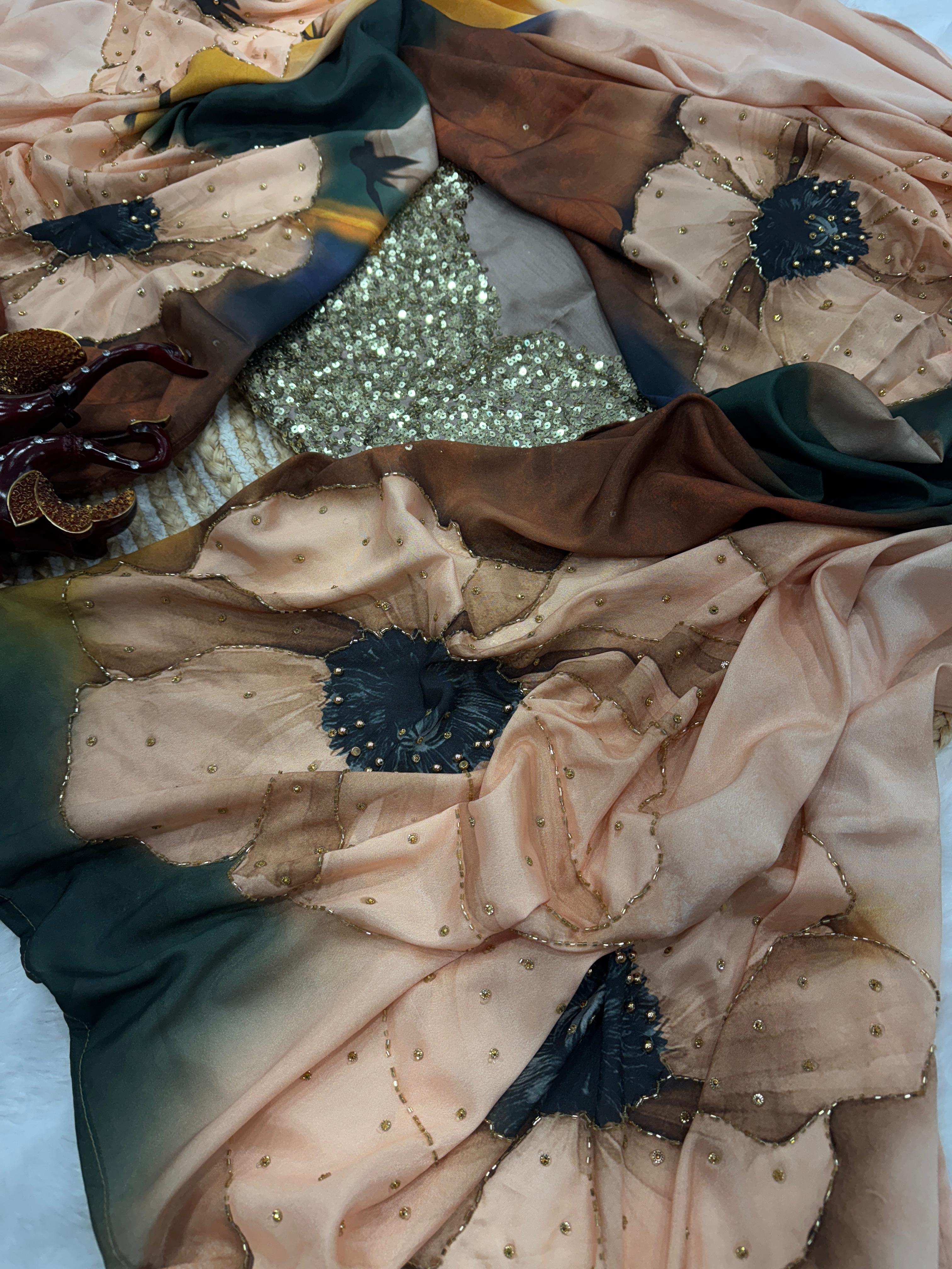 Close-up of floral handwork with katdana and pearls on satin crepe saree – Design NC-5458