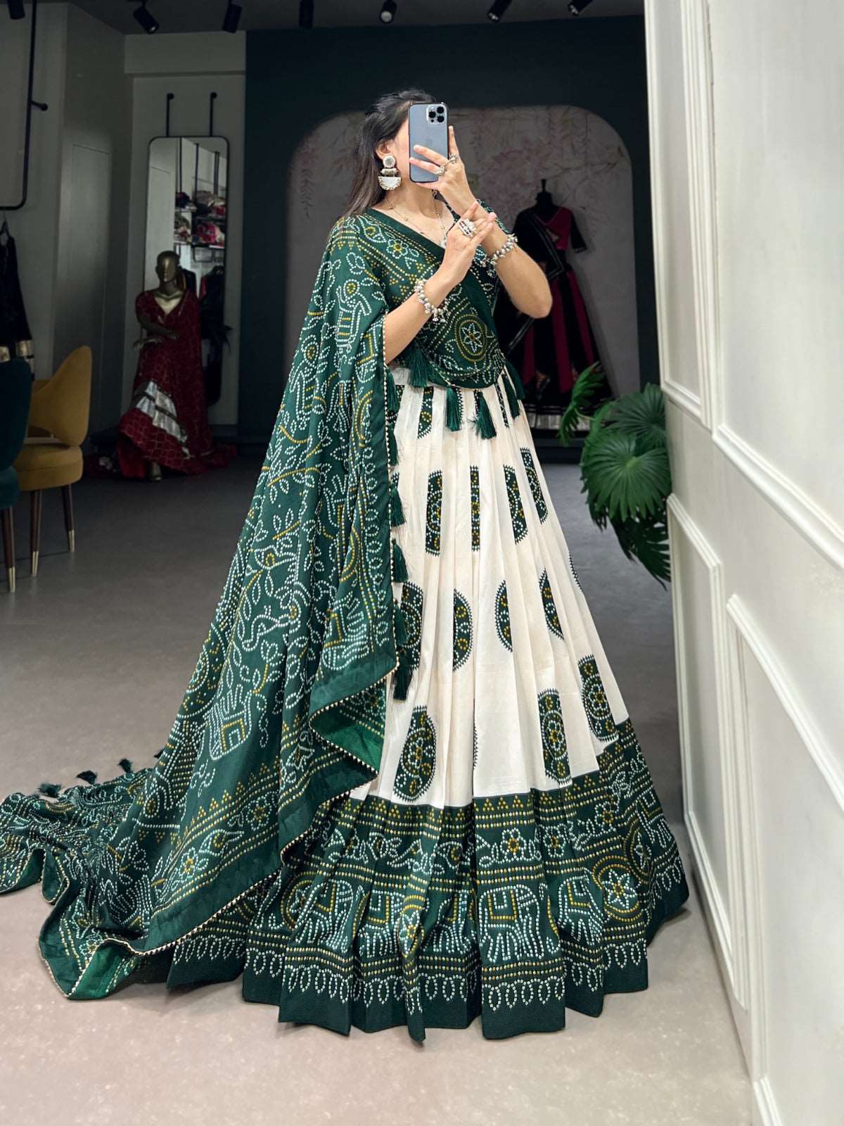 Green Bandhej Print Tussar Silk Lehenga Choli with Dupatta