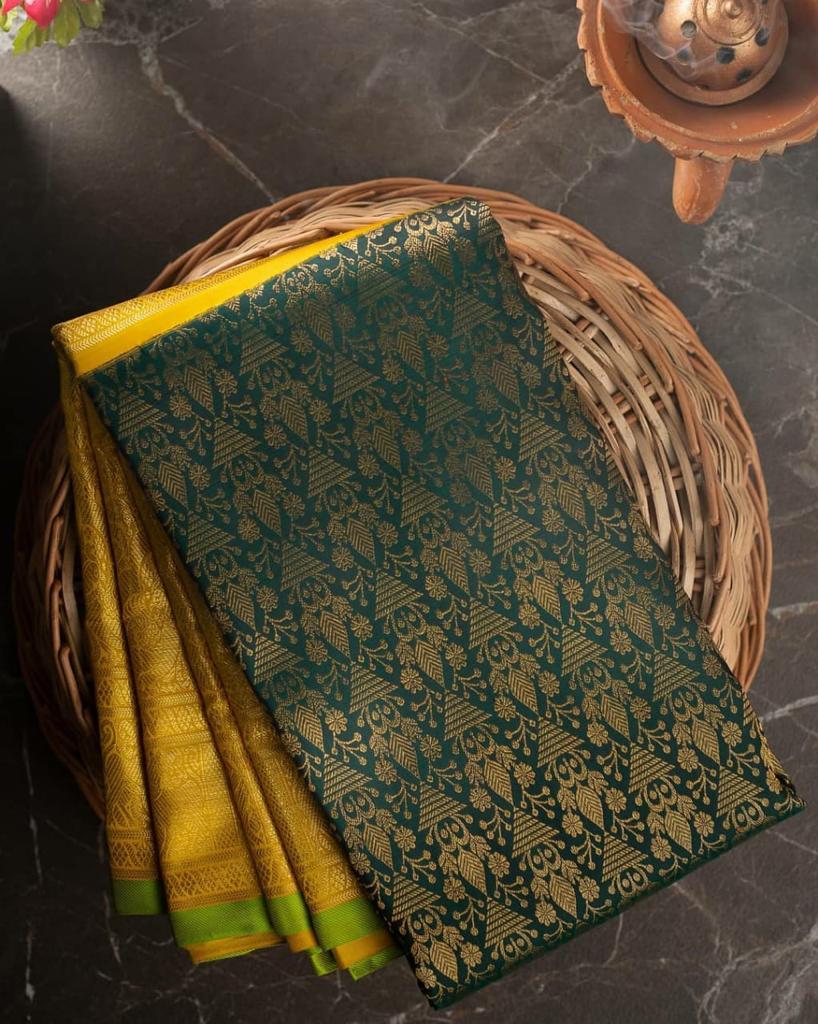 Breathtaking Mehndi Banarasi Silk Saree With Luminous Blouse Piece