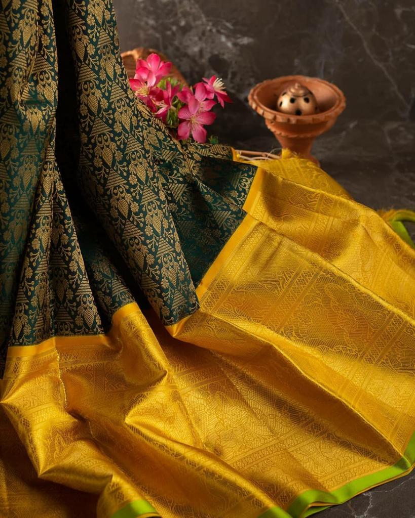 Breathtaking Mehndi Banarasi Silk Saree With Luminous Blouse Piece