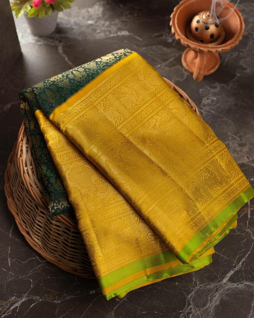 Breathtaking Mehndi Banarasi Silk Saree With Luminous Blouse Piece