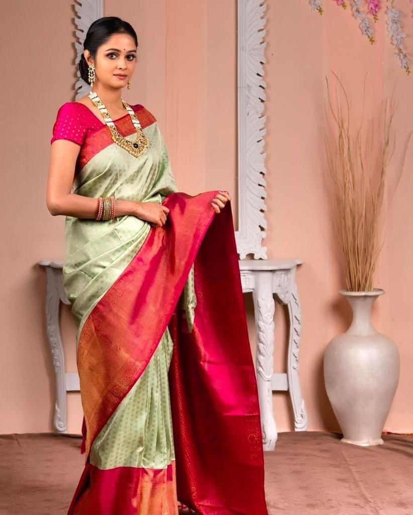 Aesthetic Pista Banarasi Silk Saree With Gorgeous Blouse Piece