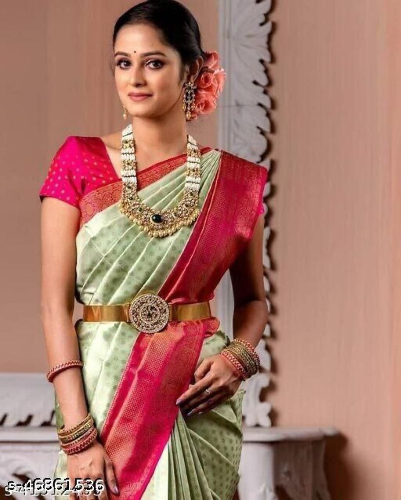 Aesthetic Pista Banarasi Silk Saree With Gorgeous Blouse Piece