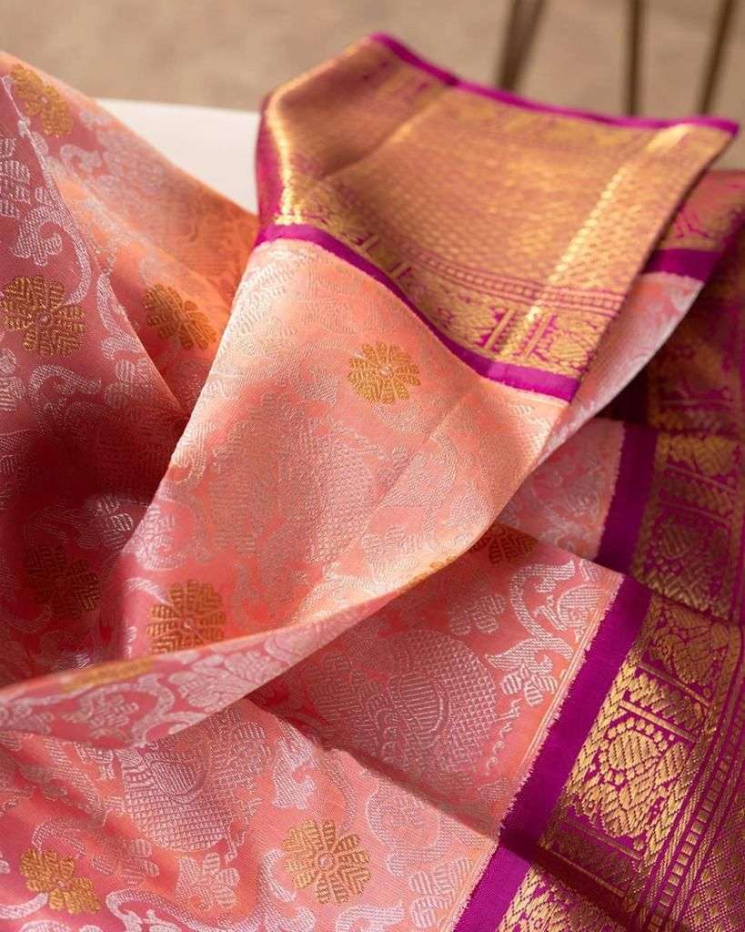 Exceptional Pink Banarasi Silk Saree With Classy Blouse Piece