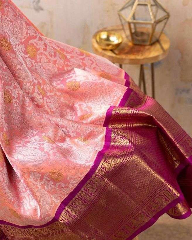 Exceptional Pink Banarasi Silk Saree With Classy Blouse Piece