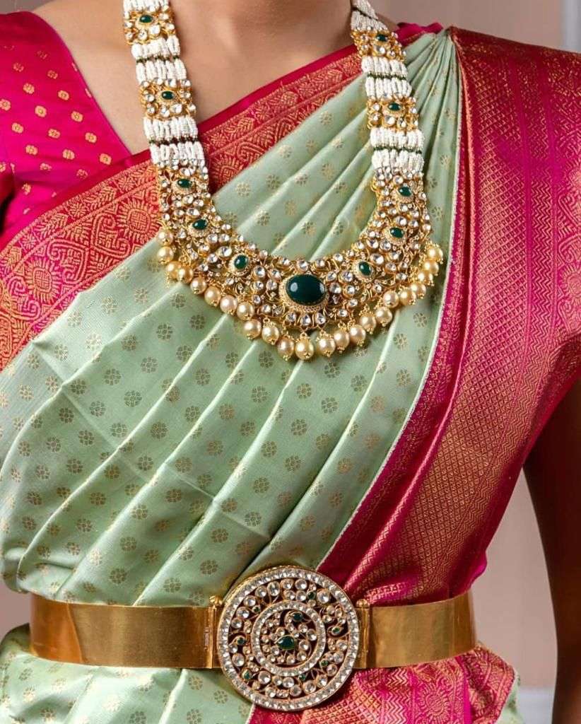 Aesthetic Pista Banarasi Silk Saree With Gorgeous Blouse Piece
