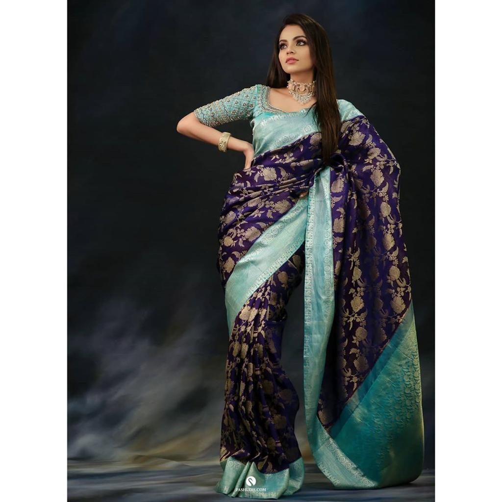 Attractive Blue Banarasi Silk Saree With Gorgeous Blouse Piece