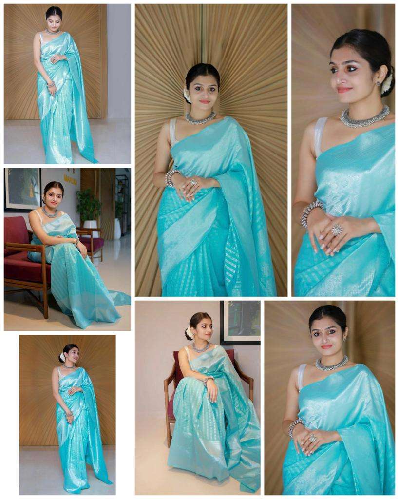 Elegant Firozi Soft Silk Saree With Outstanding Blouse
