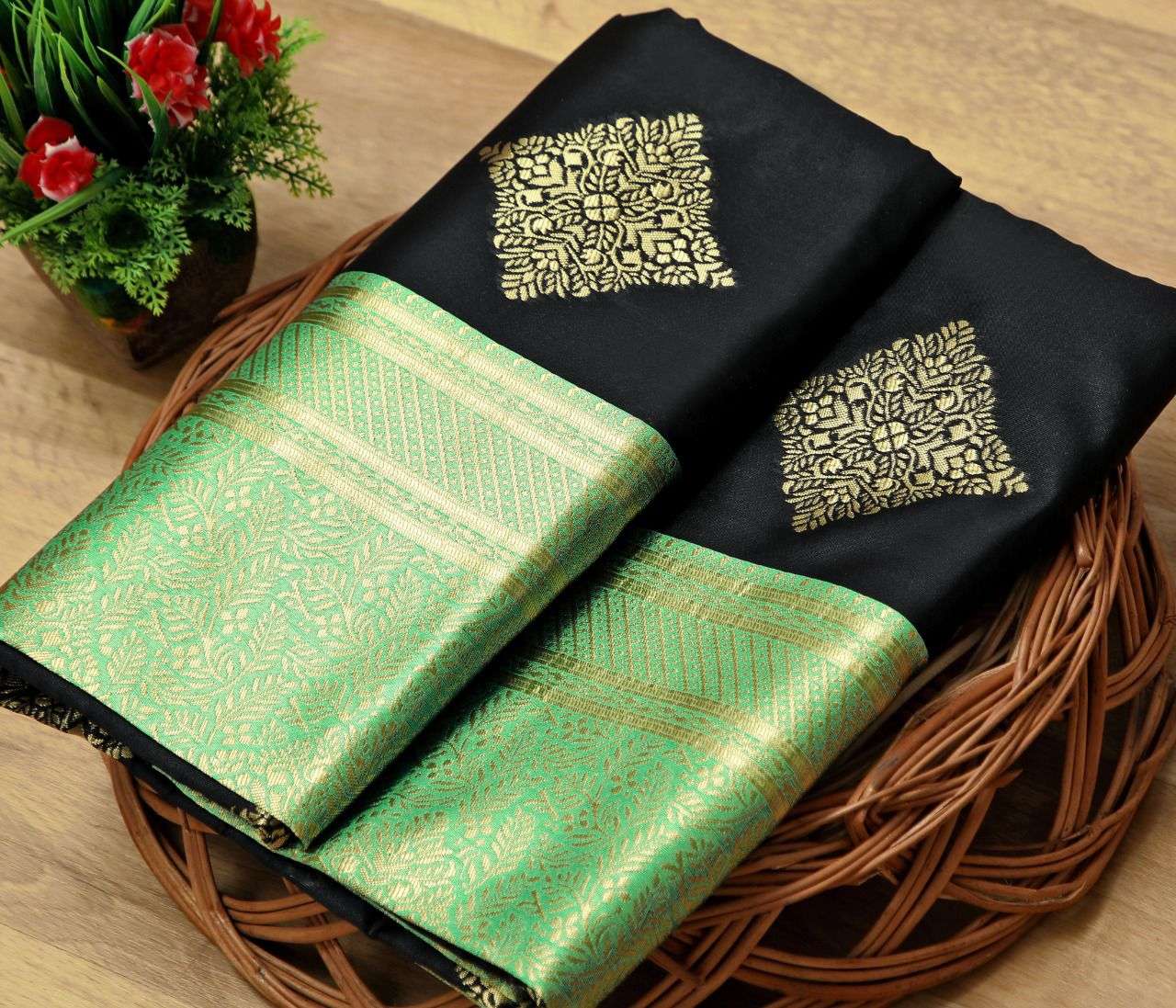 Exquisite Black Soft Silk Saree With Attractive Light Green Blouse