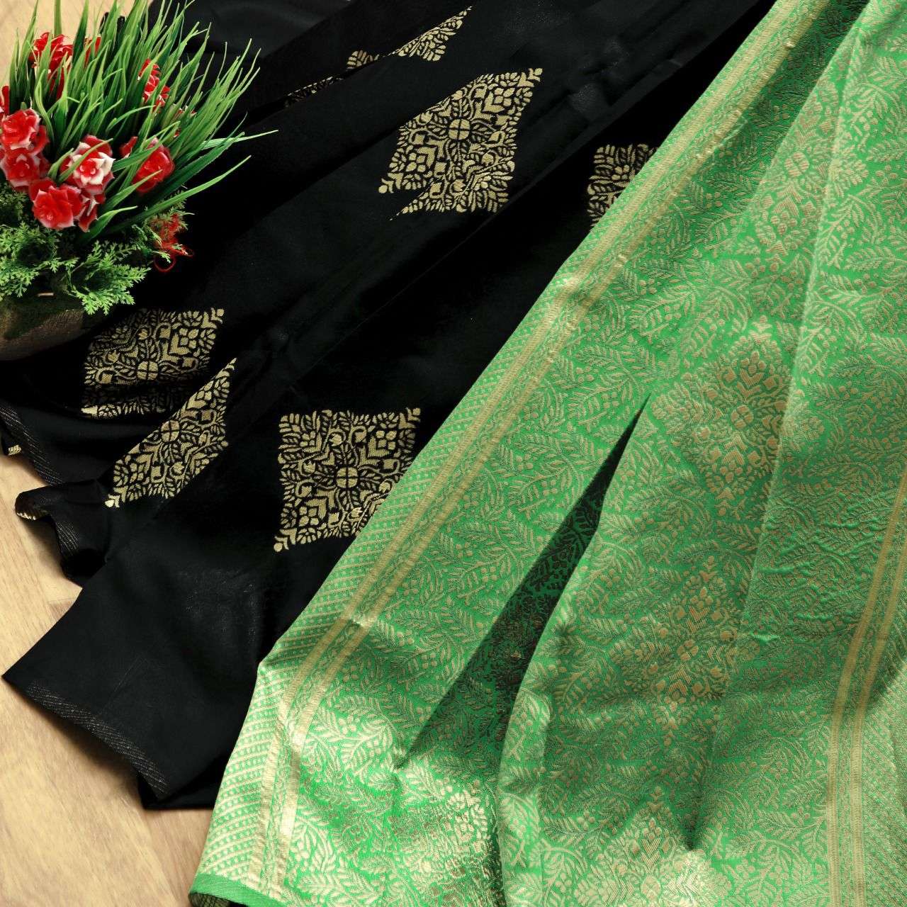 Exquisite Black Soft Silk Saree With Attractive Light Green Blouse