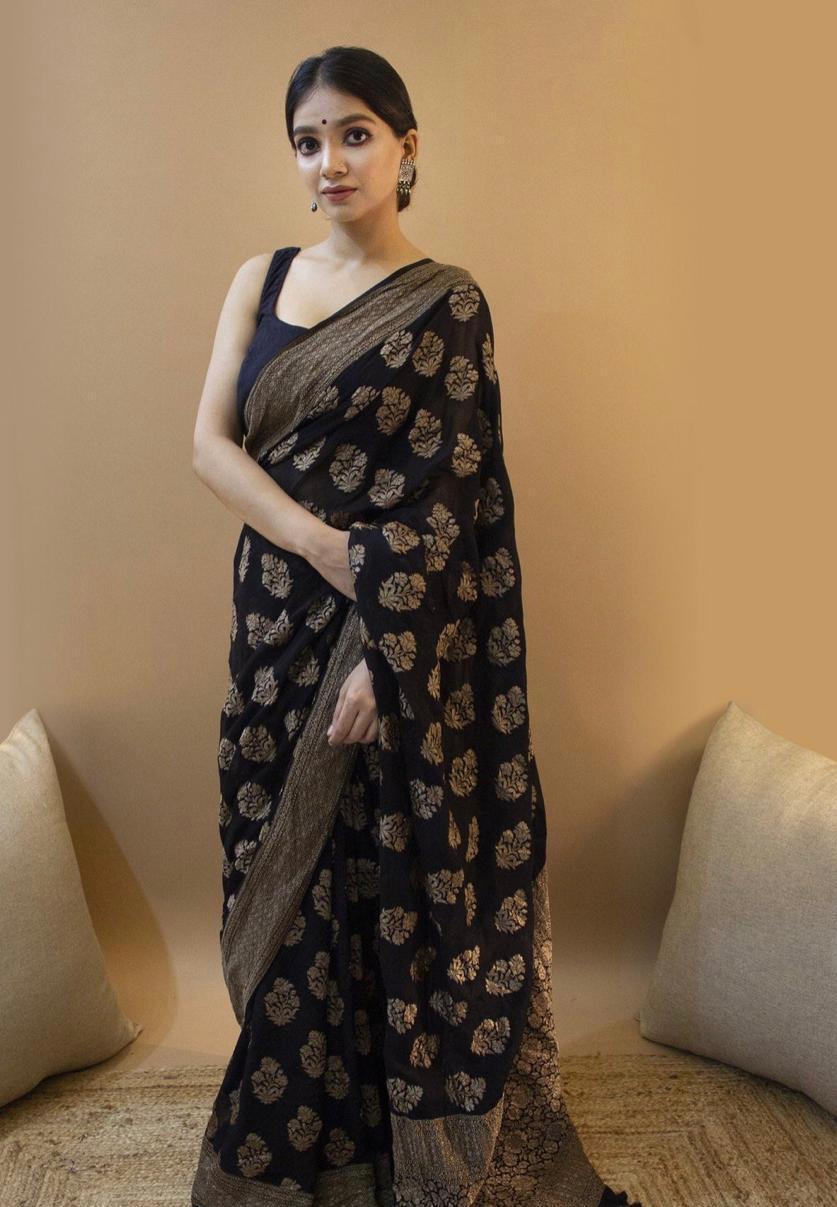 Graceful Black Soft Silk Saree With Extravagant Blouse Piece