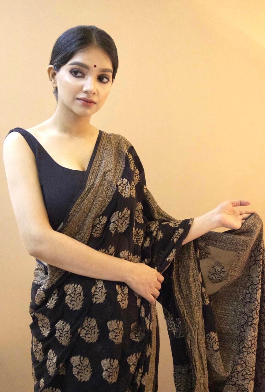 Graceful Black Soft Silk Saree With Extravagant Blouse Piece