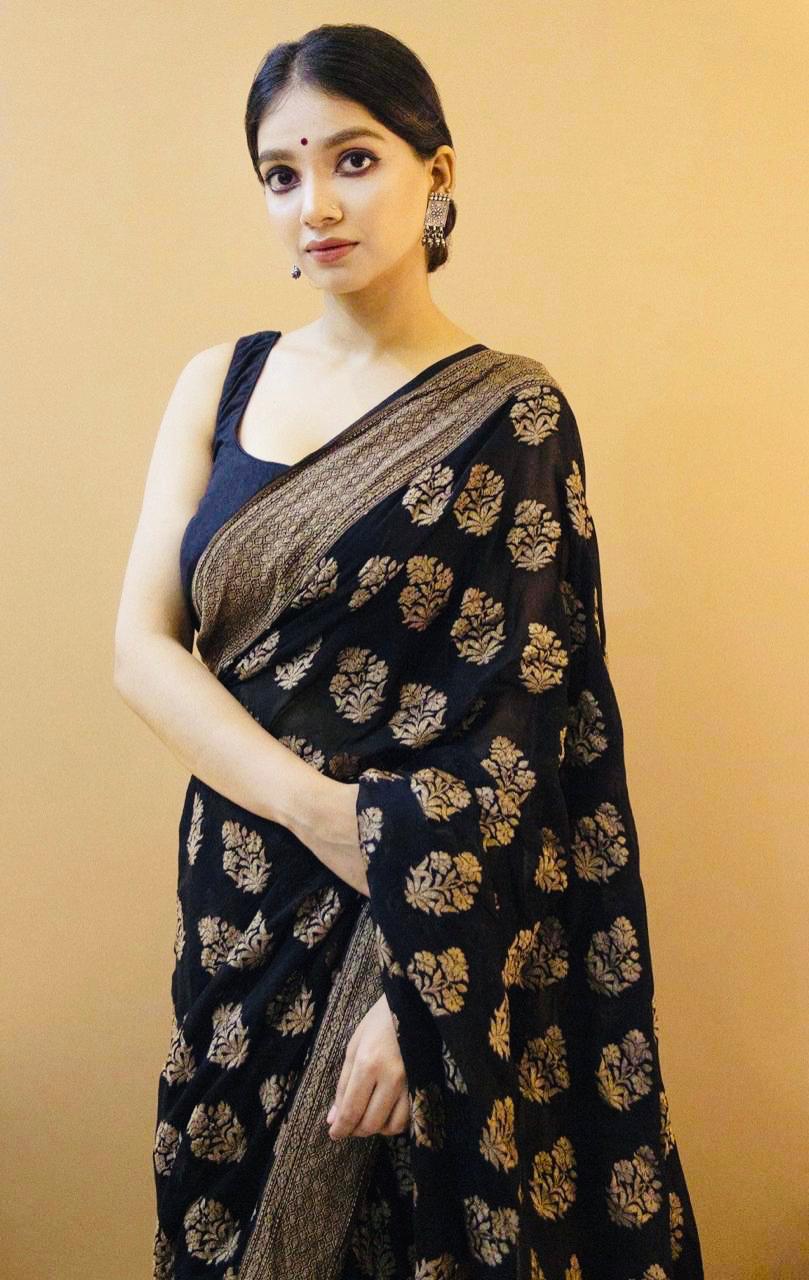 Graceful Black Soft Silk Saree With Extravagant Blouse Piece