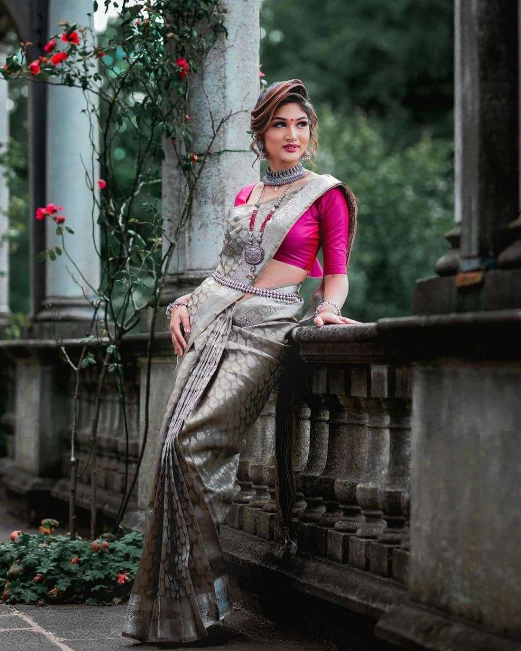 Delightful Grey Soft Silk Saree With Groovy Blouse Piece