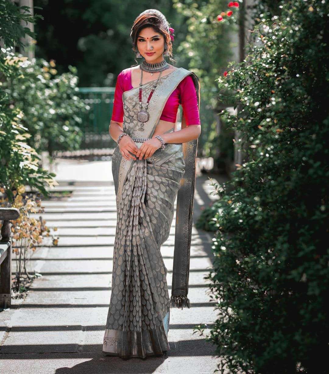 Delightful Grey Soft Silk Saree With Groovy Blouse Piece