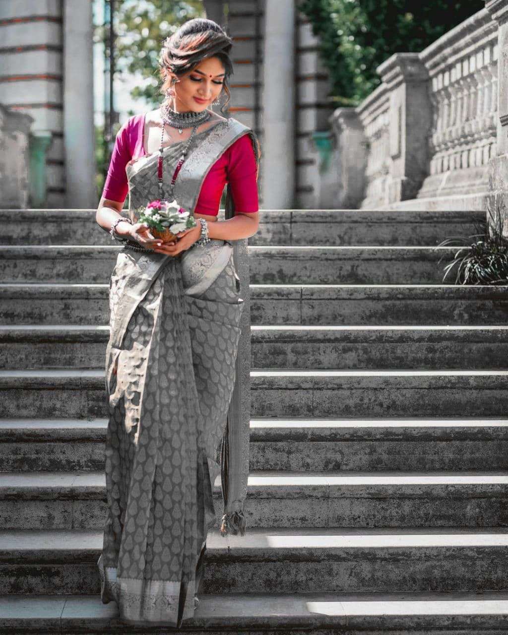 Delightful Grey Soft Silk Saree With Groovy Blouse Piece